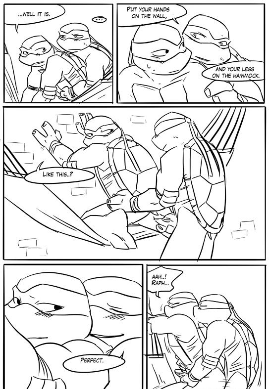sneefee, leonardo (tmnt), raphael, raphael (tmnt), teenage mutant ninja turtles, comic, text, all fours, anal, bed, blush, doggy style, from behind position, male, ninja, penetration, penis, pillow, reptile, scalie, sex, turtle, yaoi, 