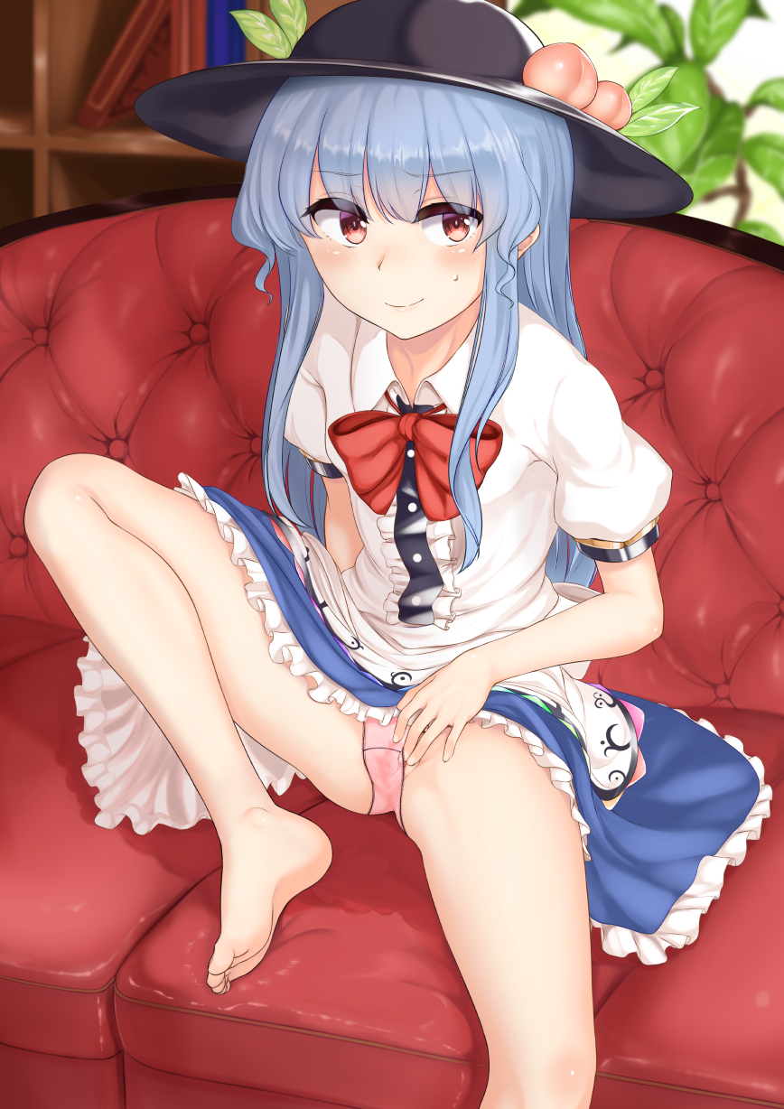 momo retasu, tenshi hinanawi, touhou, check commentary, highres, arm at side, bangs, bare legs, barefoot, black hat, black skirt, blue hair, blurry, bookshelf, bow, bowtie, center frills, closed mouth, couch, depth of field, eyebrows visible through hair, eyelashes, feet, female, food, frilled skirt, frills, fruit, hat, indoors, leaf, long hair, on couch, panties, peach, pink panties, plant, potted plant, puffy short sleeves, puffy sleeves, pussy juice stain, red bow, red bowtie, red eyes, shirt, short sleeves, sidelocks, sitting, skirt, smile, soles, solo, sweat, toes, underwear, upskirt, very long hair, white shirt, 