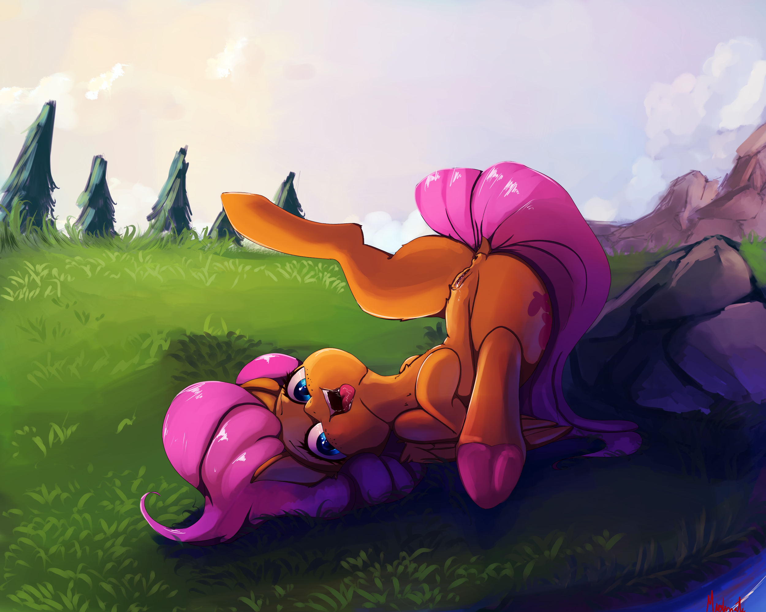 fluttershy (mlp), friendship is magic, my little pony, 2018, hi res, anus, dock, equine, feathered wings, feathers, female, feral, freckles, hair, hooves, mammal, miokomata, open mouth, outside, pegasus, pussy, solo, spread legs, spreading, tongue, tongue out, underhoof, wings, 