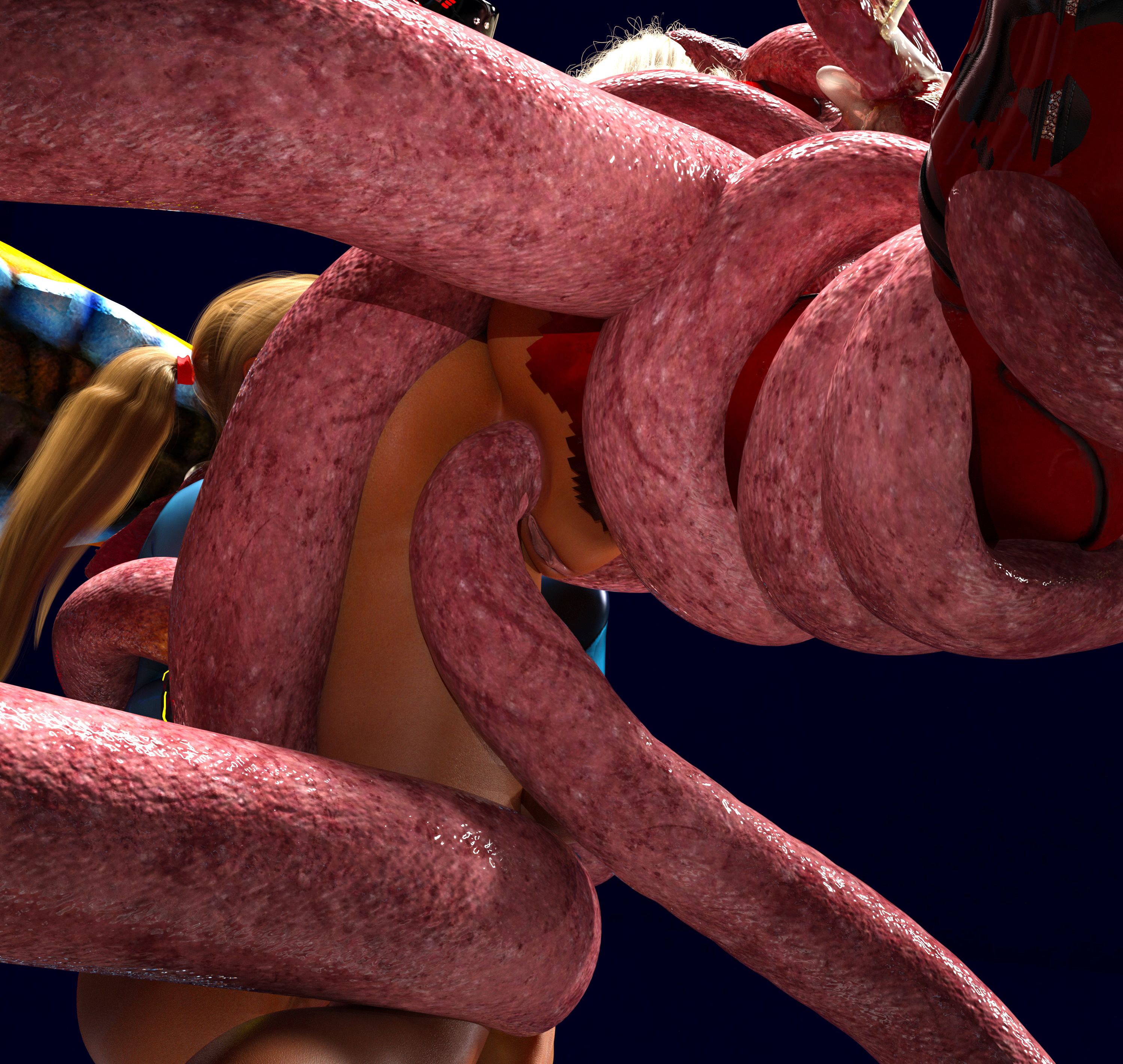 samus aran, agent 26, anal, anal sex, begging for mercy, blonde hair, blue eyes, bound, captured, defeated, defeated heroine, dragging, forced anal, monster, penis, pussy, scared, screaming, tentacle, that3dartist, torn clothes, torn clothing, 