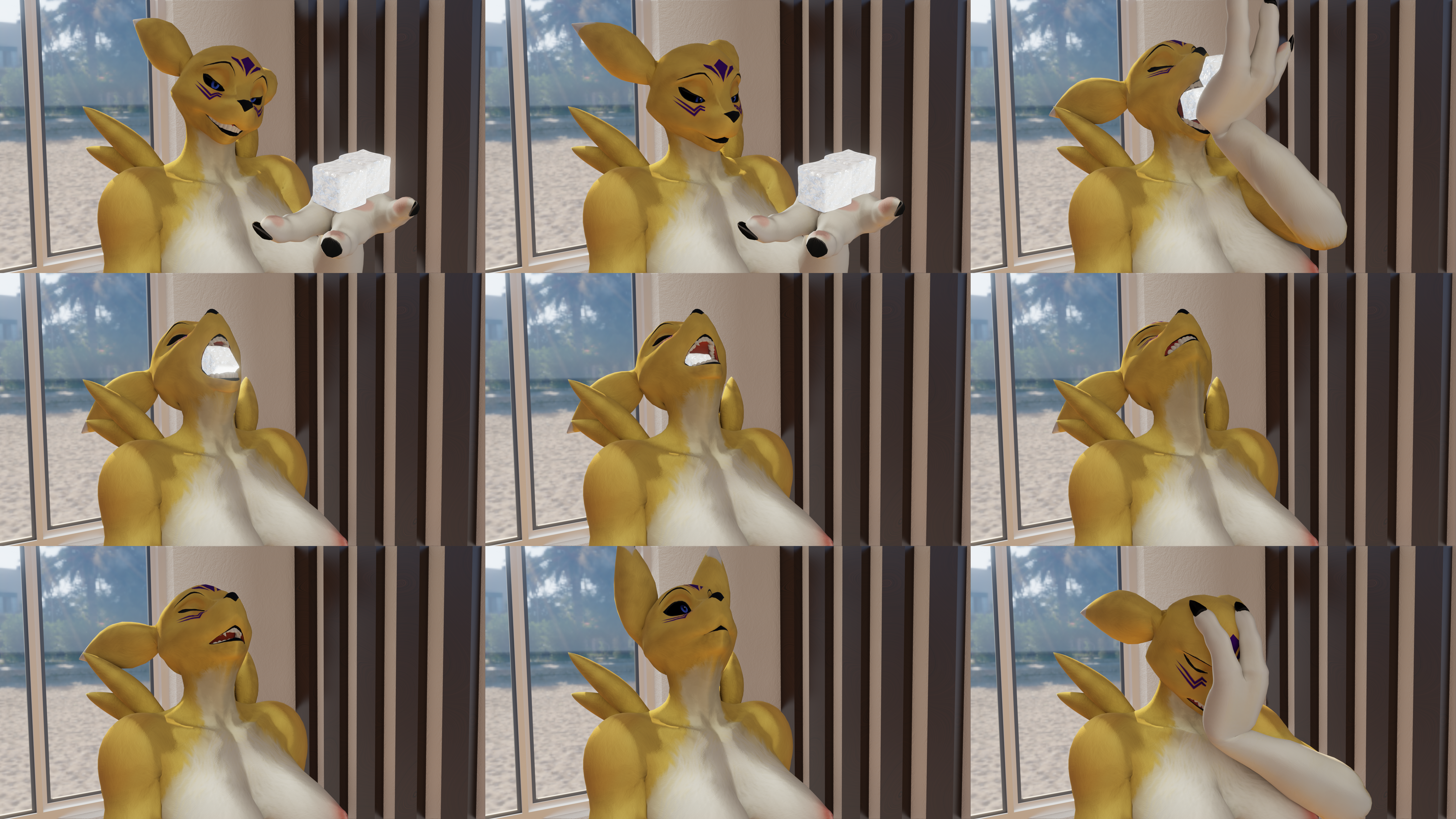 digimon (species), taomon, bandai namco, digimon, absurd res, hi res, canid, canine, female, fox, humble stone, ice, ice cube, mammal, swallowing, 