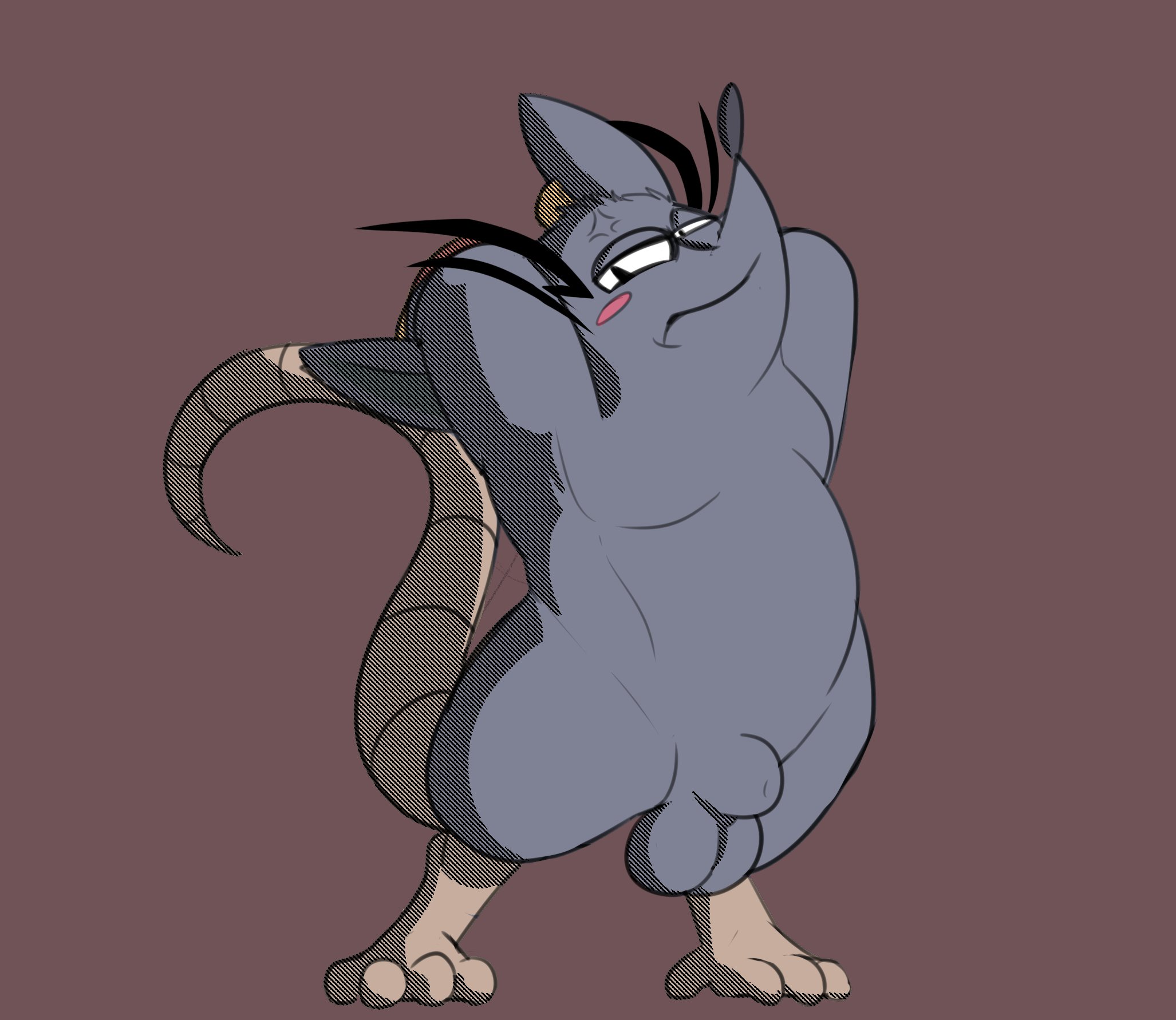 hi res, alexclimax, animal genitalia, anthro, balls, belly, blush, cross-popping vein, embarrassed, fully sheathed, fur, genitals, grey body, grey fur, mad rat (character), mad rat dead, male, mammal, moobs, murid, murine, rat, rodent, sheath, slightly chubby, solo, stretching, vein, 
