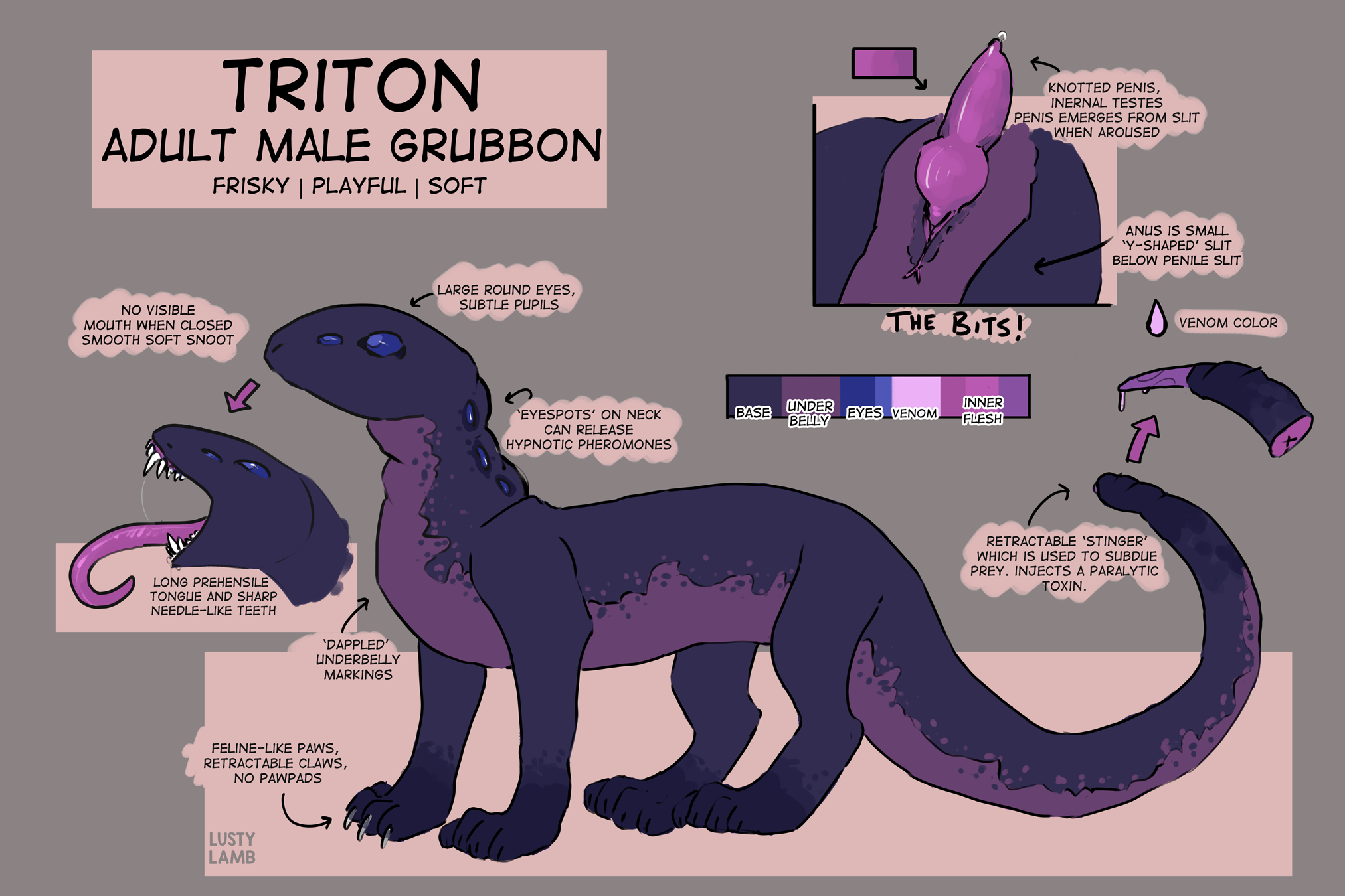 lustylamb, original character, 2017, english text, model sheet, text, 1boy, all fours, animal genitalia, animal penis, blue eyes, canine penis, claws, erection, fangs, feral, grubbon, knot, long tongue, male, male only, monster, multi eye, open mouth, penis, purple scales, scales, scalie, solo, teeth, tongue, triton (critter178), 