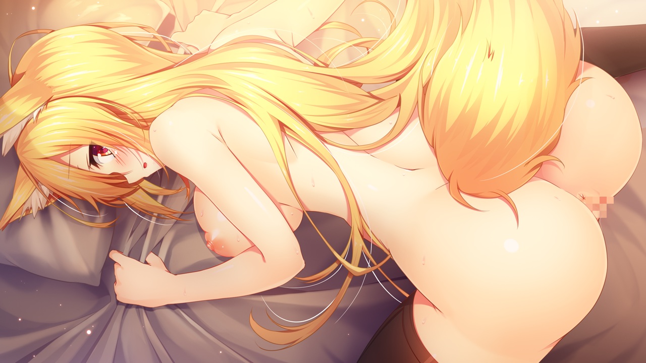 censored, game cg, animal ears, ass, bed, bed sheets, bent over, blonde hair, blush, breasts, female, fox ears, fox girl, large breasts, looking back, nude, pussy, red eyes, solo, tail, thighhighs, 