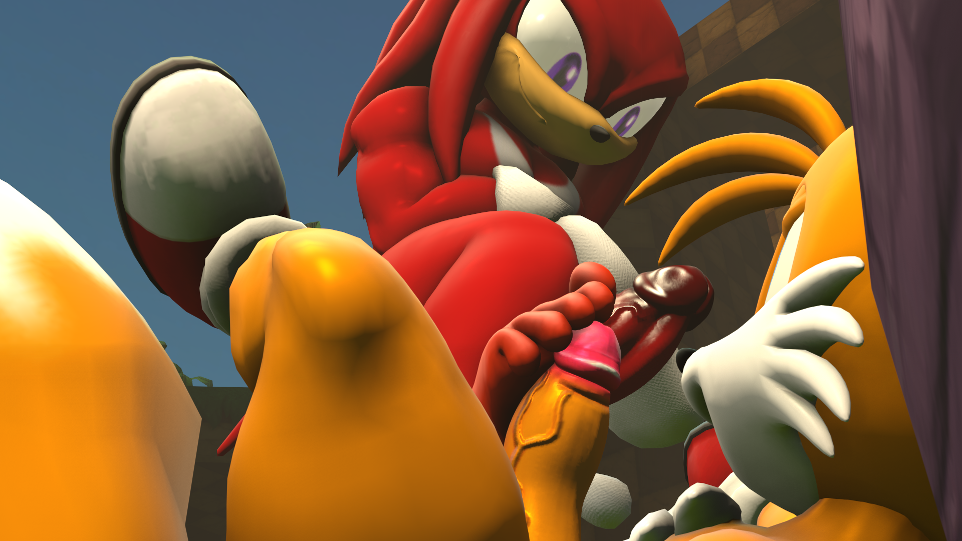 knuckles the echidna, tails, sonic (series), 3d, animated, sfm, footjob, ma...