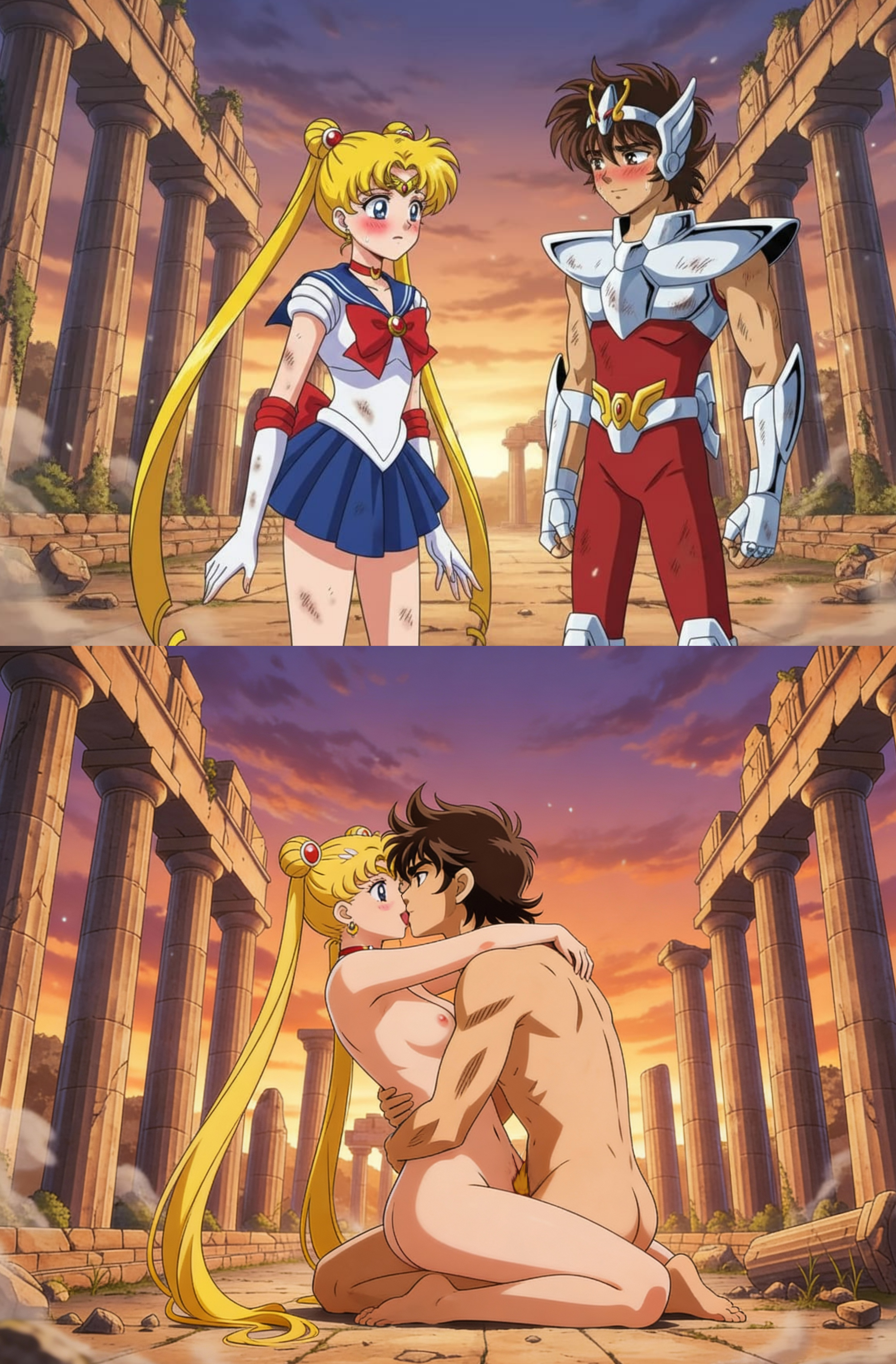 blonde_hair brown_hair crossover pegasus_seiya sailor_moon saint_seiya small_breasts usagi_tsukino