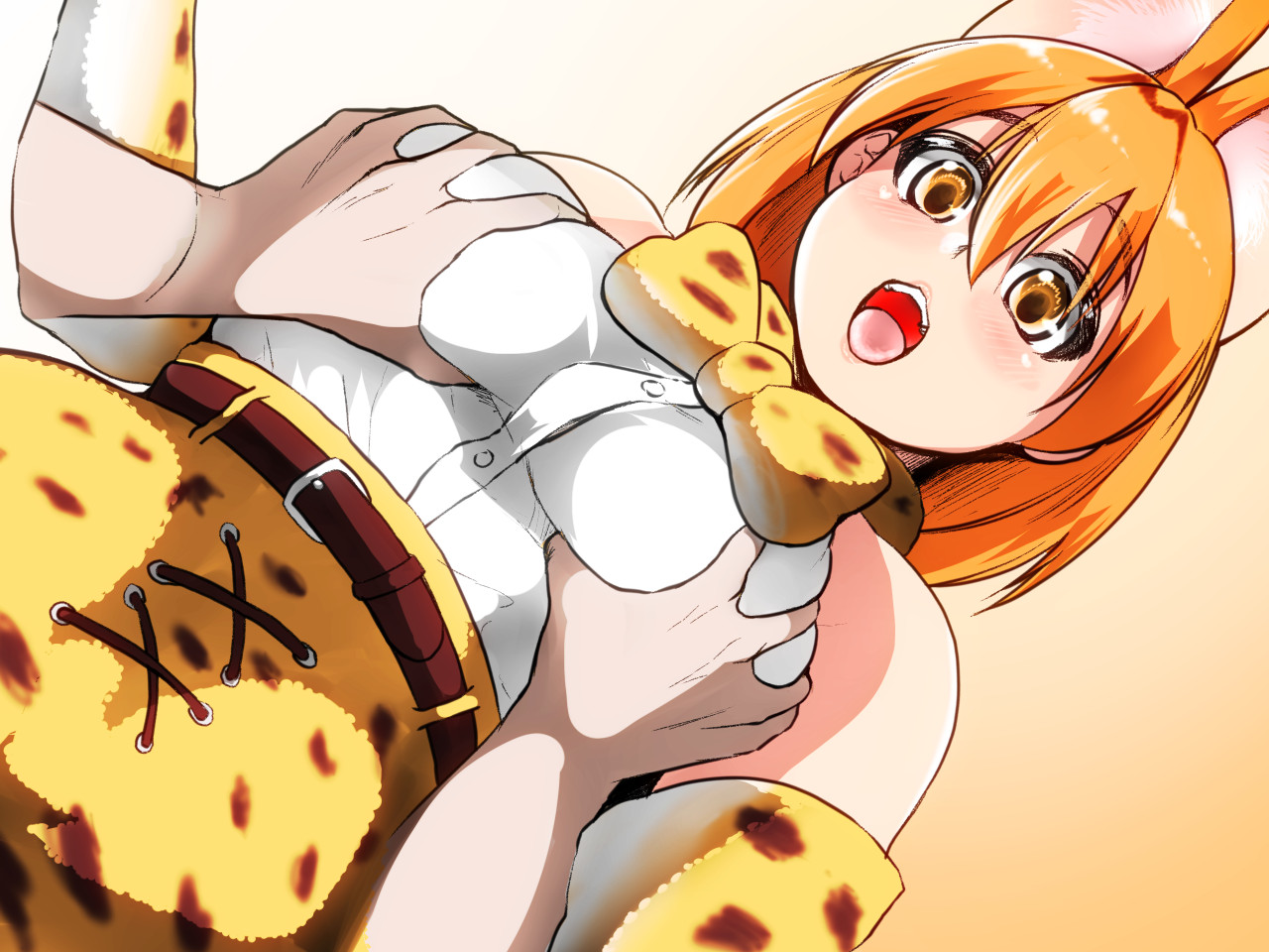 isuna, serval (kemono friends), kemono friends, commentary request, animal ears, bare shoulders, blonde hair, blush, bow, bowtie, breast grab, breasts, elbow gloves, female, gloves, grabbing, large breasts, looking at viewer, open mouth, serval ears, serval print, shirt, short hair, skirt, sleeveless, smile, 