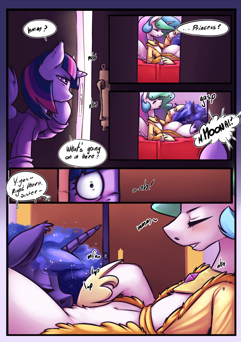 atryl, siden, princess celestia (mlp), princess luna (mlp), twilight sparkle (mlp), friendship is magic, my little pony, 2016, collaboration, comic, english text, text, alicorn, anthrofied, dialogue, equine, female, horn, indoors, mammal, multicolored hair, oral, sex, siblings, sisters, wings, yuri, 
