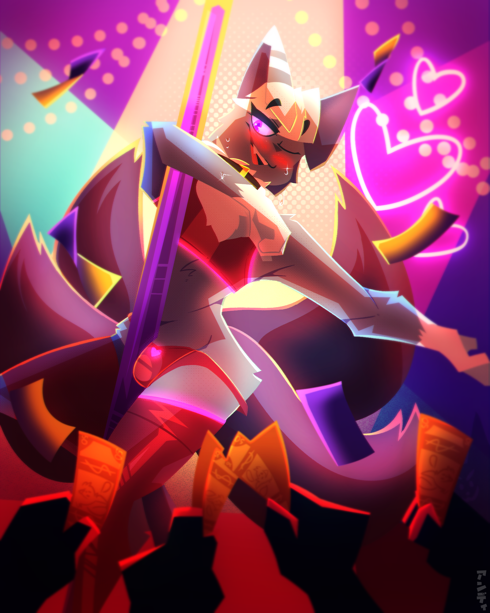 meowstic, pokemon (species), nintendo, hi res, pose, 2023, ambiguous species, anthro, anthro focus, banknote, black nose, blue body, blue fur, blush, bodily fluids, bulge, clothed, clothing, cute fangs, dancing, felid, feline, fur, generation 6 pokemon, girly, gloves (marking), grey body, grey fur, group, half-closed eyes, heart, legwear, male, male focus, mammal, markings, money, narrowed eyes, one eye closed, open mouth, panties, pie cut eyes, pokemon, pole, pole dancing, purple eyes, purple sclera, red clothing, red legwear, red panties, red topwear, red underwear, silhouette, skimpy, skweekers, smile, solo focus, sweat, topwear, underwear, white body, white fur, 