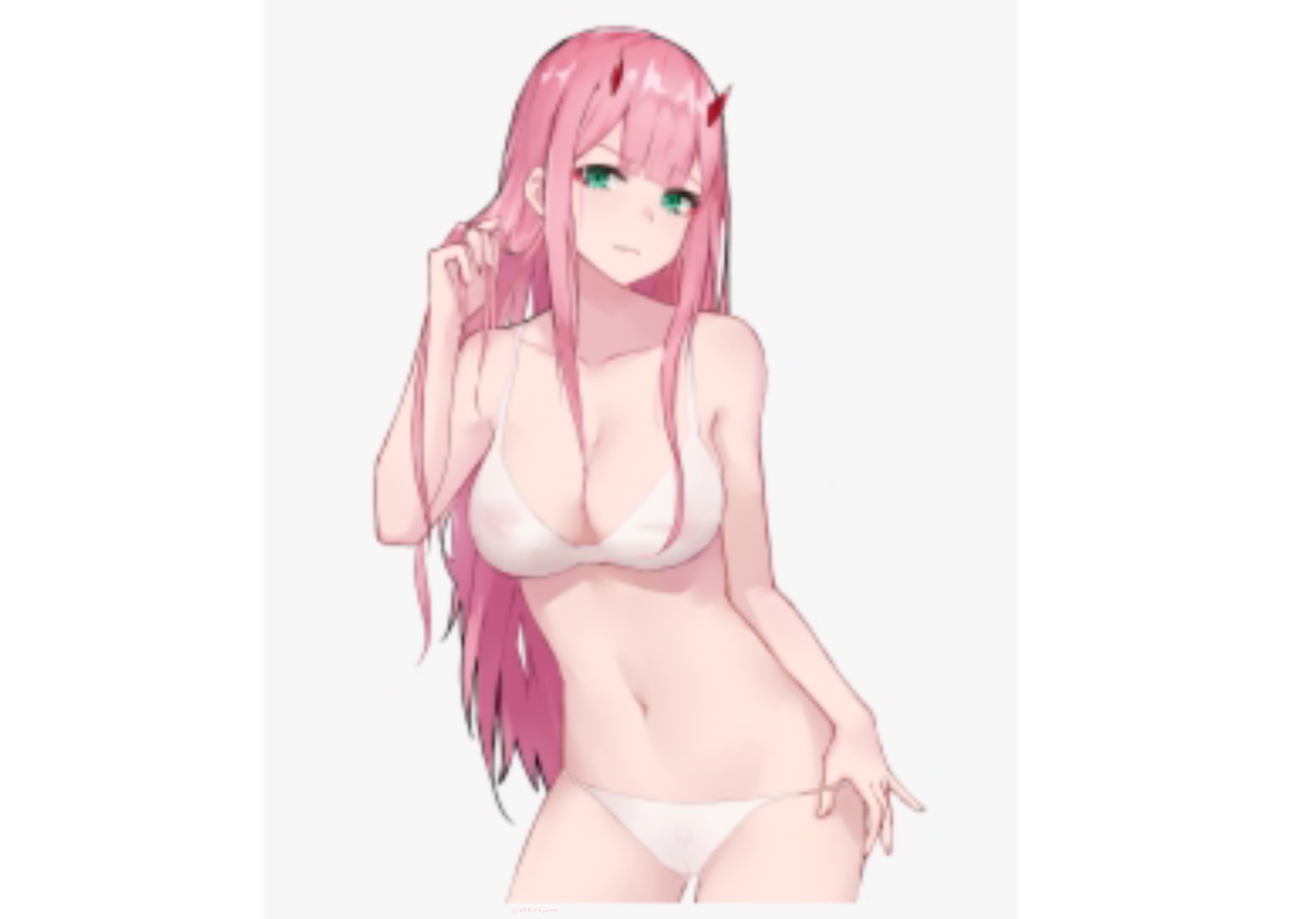zero two (darling in the franxx), big breasts, green eyes, pink hair, swimsuit, swimwear, 