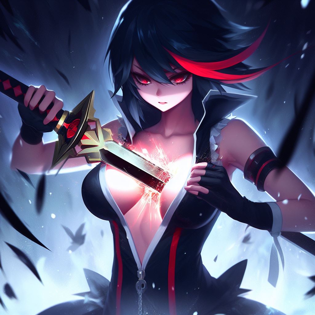 matoi ryuuko, kill la kill, ai generated, bing image creator, breast focus, breasts, pulling out, sword, weapon, 