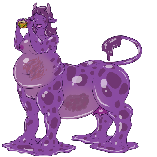 unknown artist, simple background, white background, belly, big belly, bovine, breasts, centaur, chubby, eating, equine, female, food, goo, human, mammal, nipples, open mouth, slime, stuffing, taur, weight gain, 