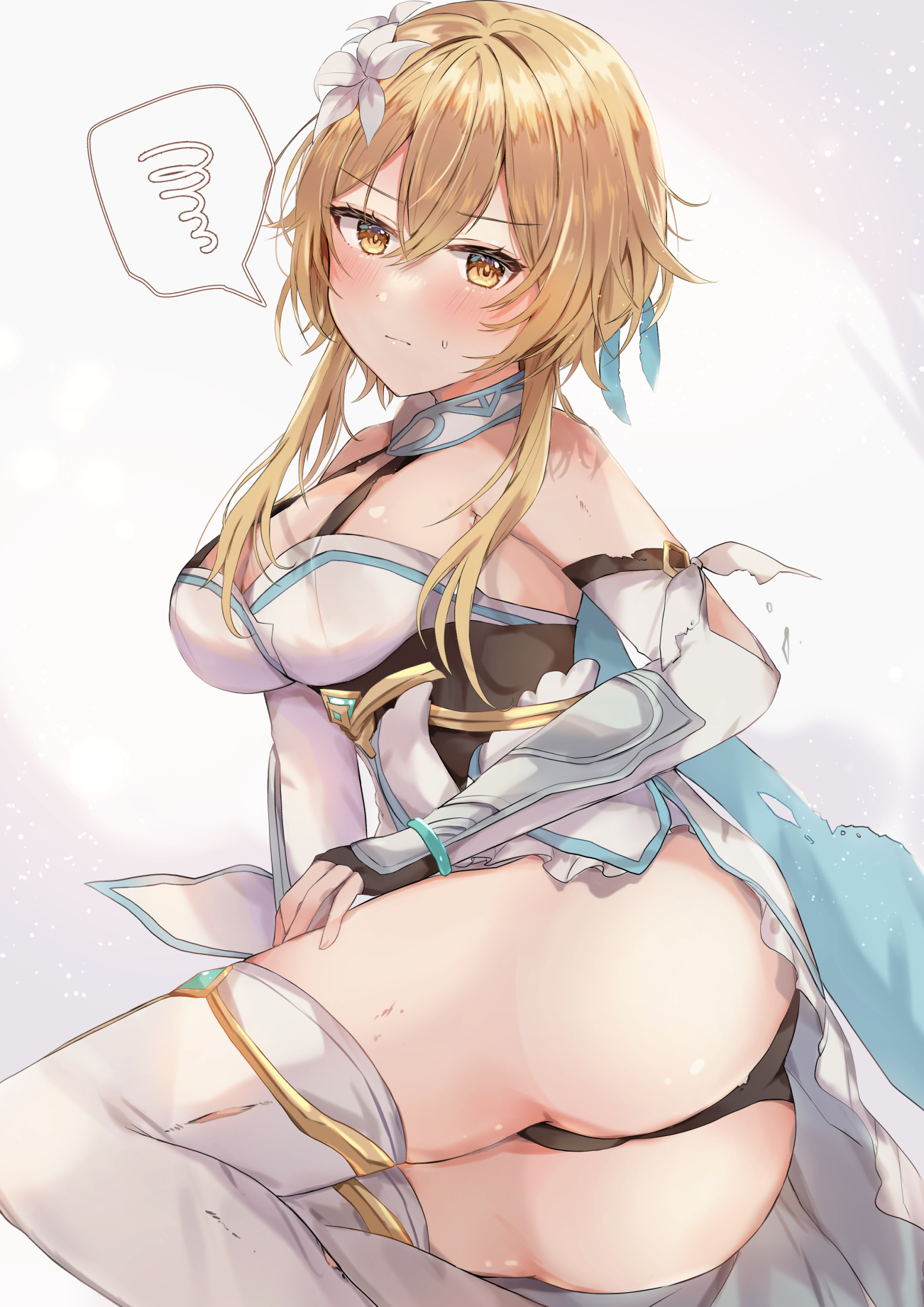 artist request, 1girls, ass, black panties, blonde hair, blush, breasts, fingerless gloves, genshin impact, lumine (genshin impact), medium breasts, solo, solo female, solo focus, thighhighs, yellow eyes, 
