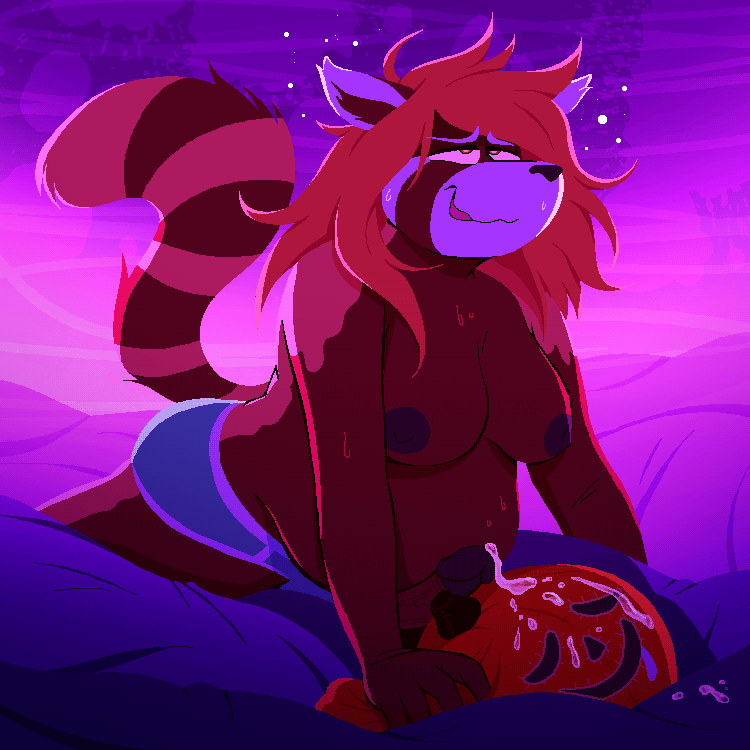 after masturbation, after orgasm, breasts, chubby, chubby female, cum, cum on pumpkin, furry, furry only, jack-o'-lantern, mtf, on bed, orange eyes, penis, pumpkin, red hair, red panda, solo, sweating, trashdalmatian, underwear, 