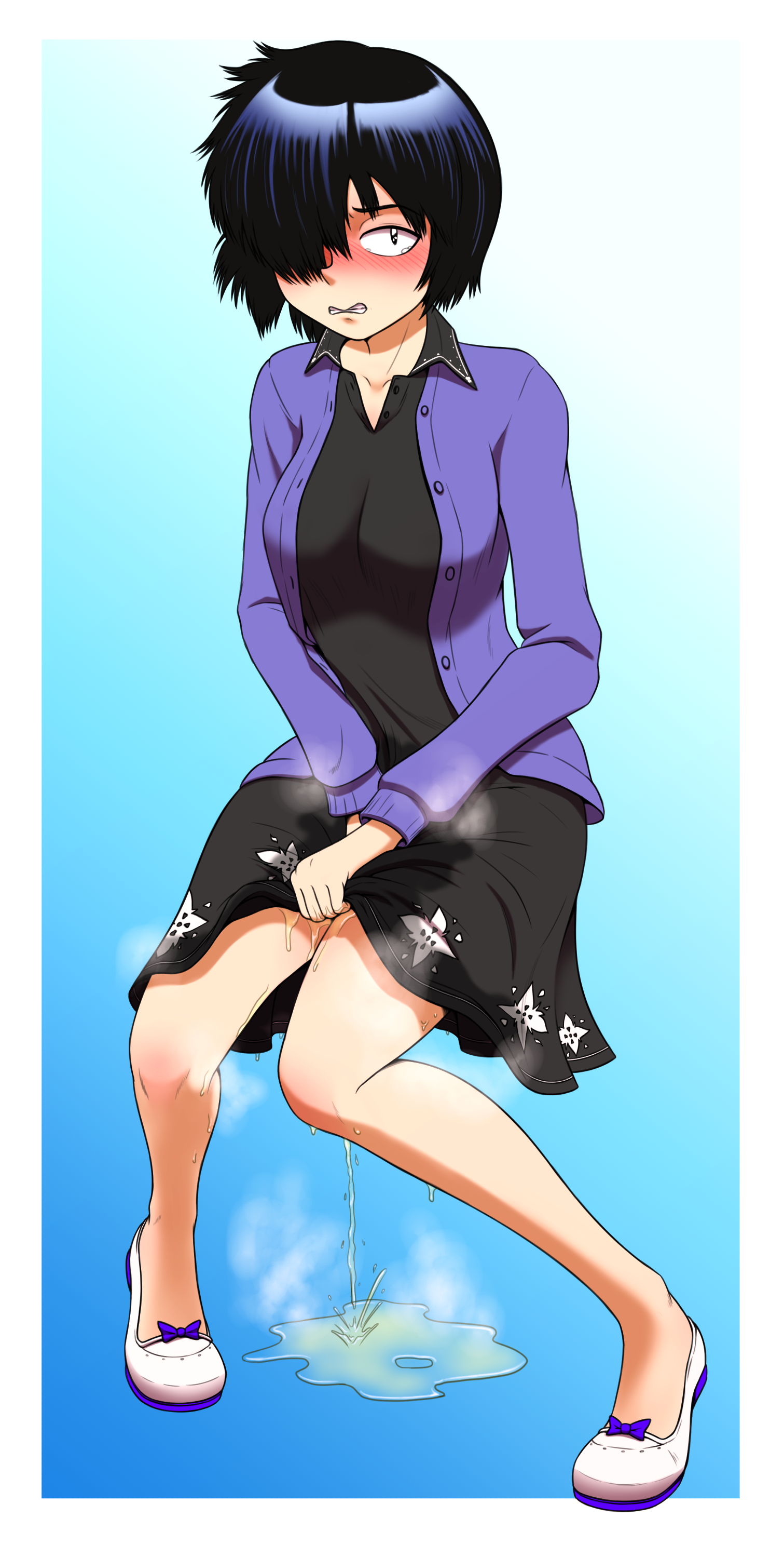 1girls 2024 accident ashamed bangs blush bob_cut clothed clothed_female commission crying digital_media_(artwork) dress embarrassed female female_only have_to_pee honeycums humiliation knees_together_feet_apart light-skinned_female light_skin nazo_no_kanojo_x omorashi pee_accident peeing peeing_self shoes short_hair skirt solo standing standing_pee urabe_mikoto urination urine urine_pool urine_stream wetting_self