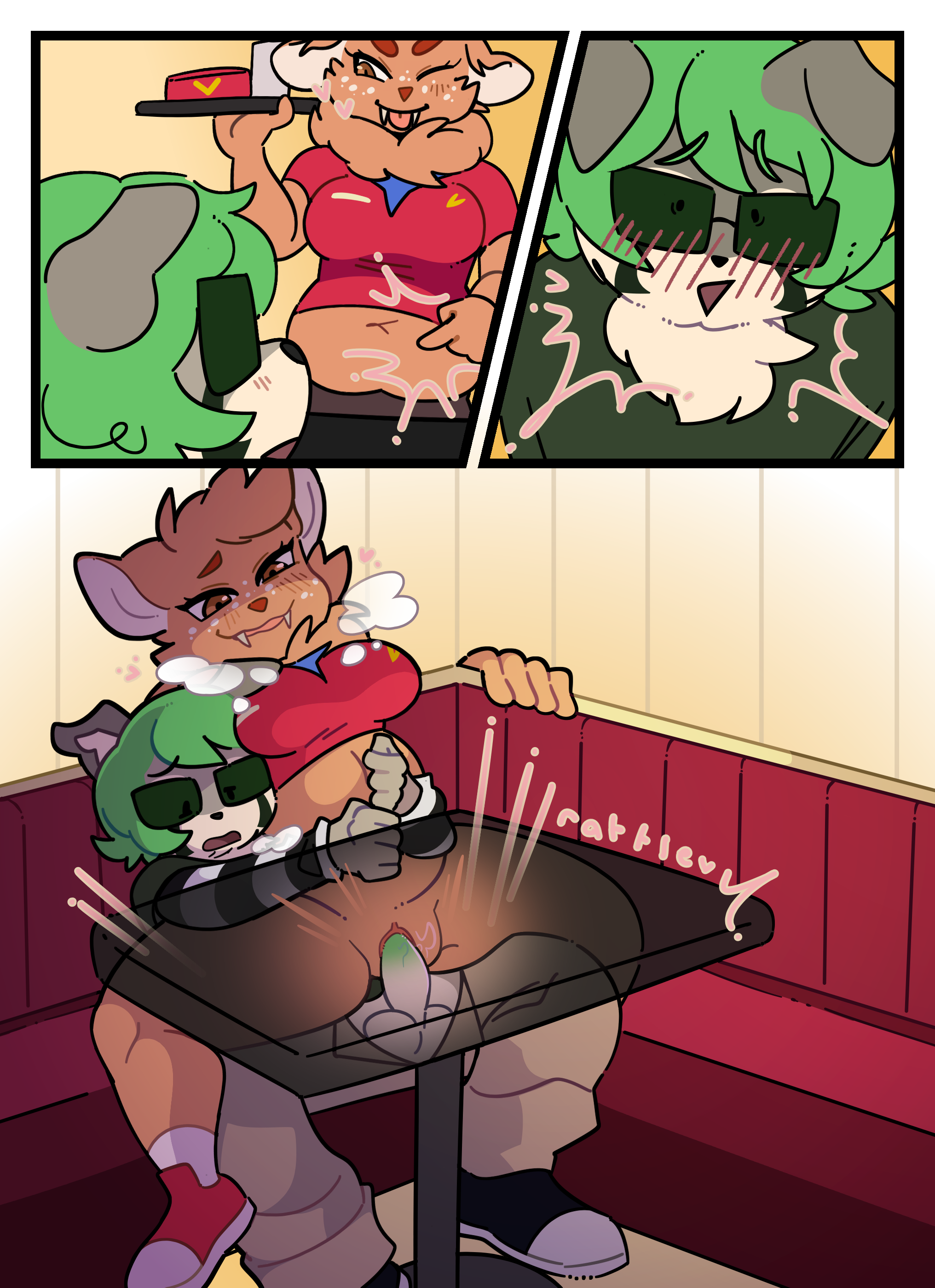 absurd_res anthro balls batruse belly blush blush_lines booth booth_seating bottomwear breasts cervine chih-lin_zhou chinese_water_deer clothed clothing deer diner eyewear facial_markings fangs fast_food_employee fast_food_uniform felid feline female furniture genitals glasses grabbing_from_behind green_hair hair head_markings hebleh hi_res male mammal markings midriff navel neck_tuft noises open_bottomwear open_clothing open_pants pallas's_cat pants penetration penile penile_penetration penis penis_in_pussy public public_sex pussy restaurant riding sex steamy_breath sunglasses table teeth tuft vaginal_penetration water_deer