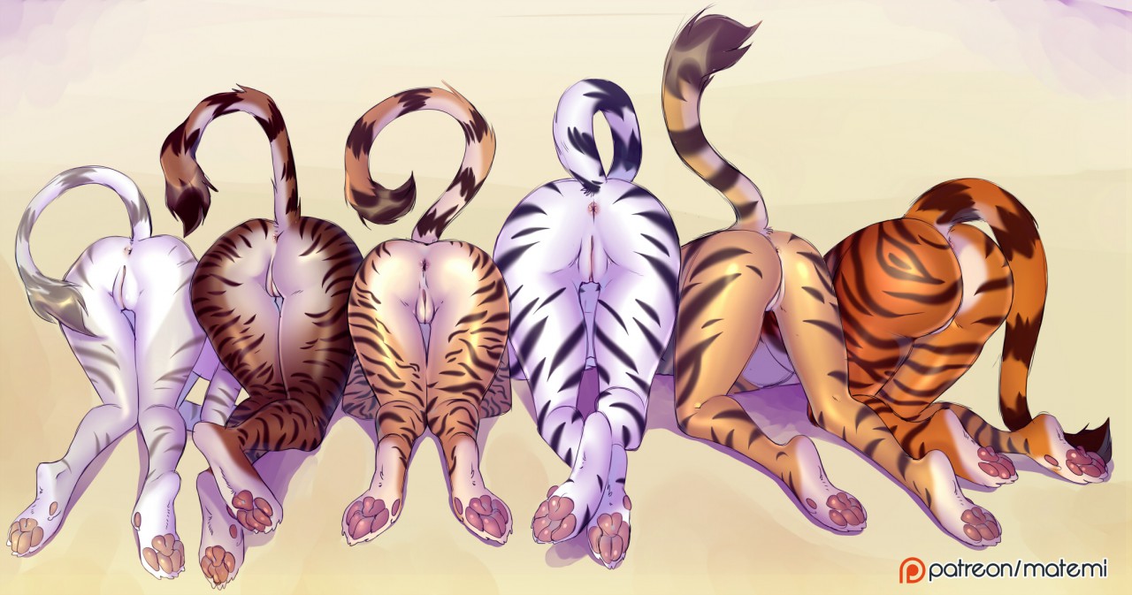 matemi, patreon, simple background, watermark, 6+girls, anthro, anus, ass, ass up, face down ass up, feline, female, fur, group, lineup, mammal, multiple girls, nude, presenting, pussy, stripes, take your pick, tiger, 
