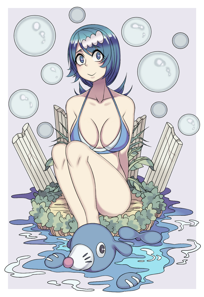 artist request, popplio, nintendo, pokemon sm, 1girls, bikini, blue bikini, blue eyes, blue hair, hair ornament, human, pokemon, tied hair, 