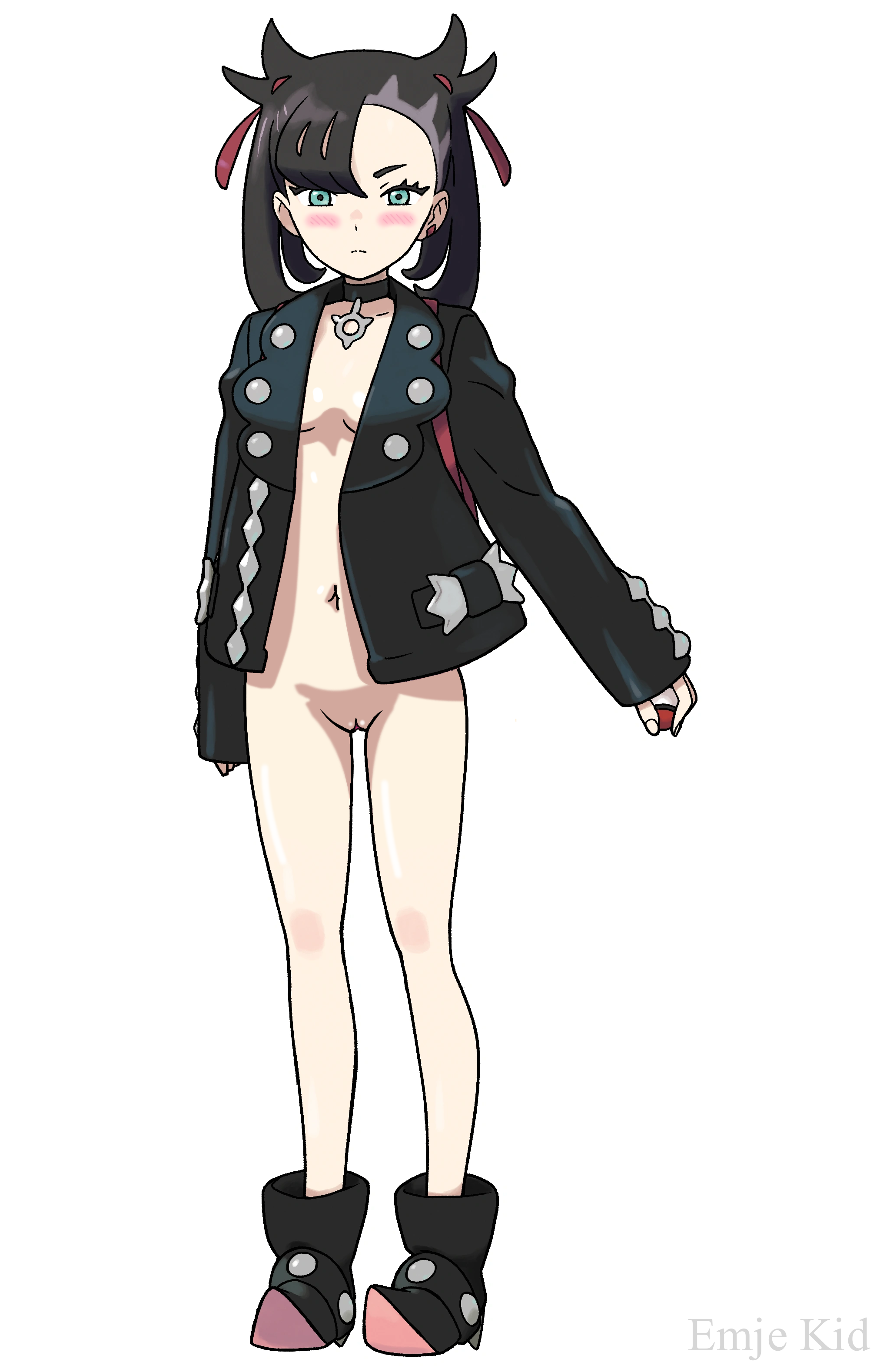 marnie (pokemon), pokemon ss, edit, 1girls, belly, belly button, black boots, black jacket, black wearing, blush, blushing at viewer, boots, breasts, emje kid, female, female only, jacket, light-skinned female, light skin, medium breasts, nude, nude female, petite, pokemon, pussy, shaved pussy, skinny, small breasts, staring, staring at viewer, thighs, vagina, virgin, young, 