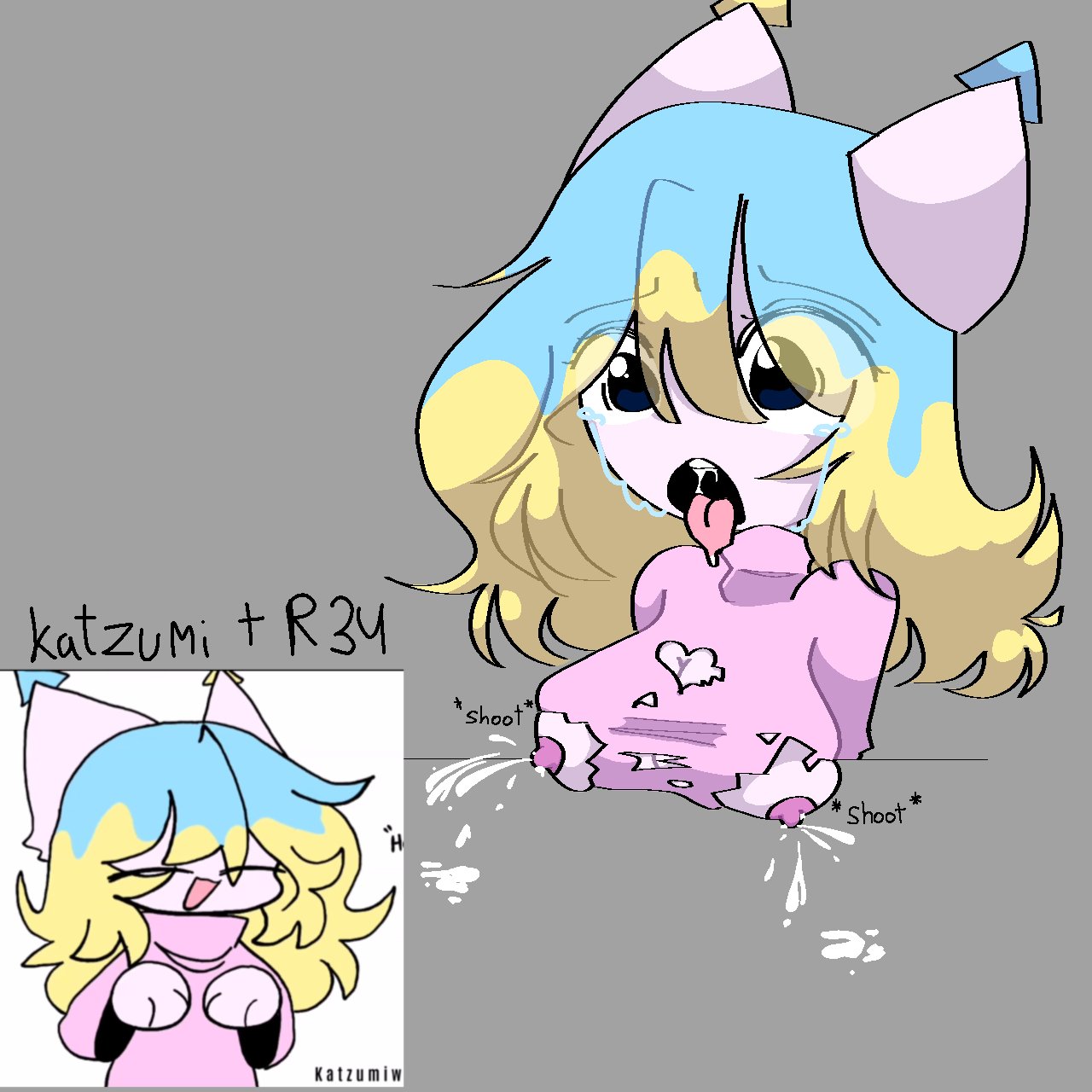 animation meme community, hi res, alya 12340, anthro, bodily fluids, breast milking, female, kitty (katzumiwu), lactating, milk, tears, tongue, tongue out, 