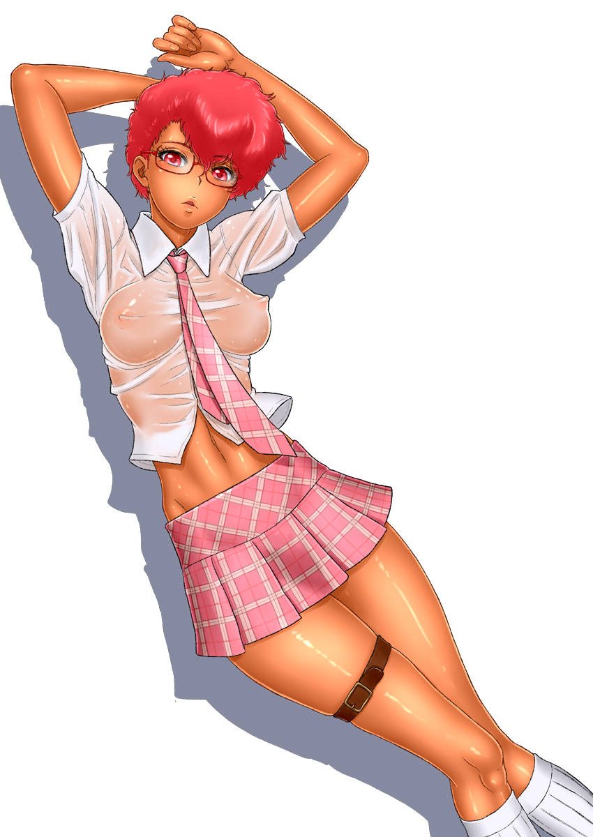 renko (gayosiz), kei (dirty pair), dirty pair, highres, breasts, dark-skinned female, dark skin, erect nipples, female, glasses, large breasts, lips, midriff, red eyess, red hair, school uniform, see-through, short hair, solo, 