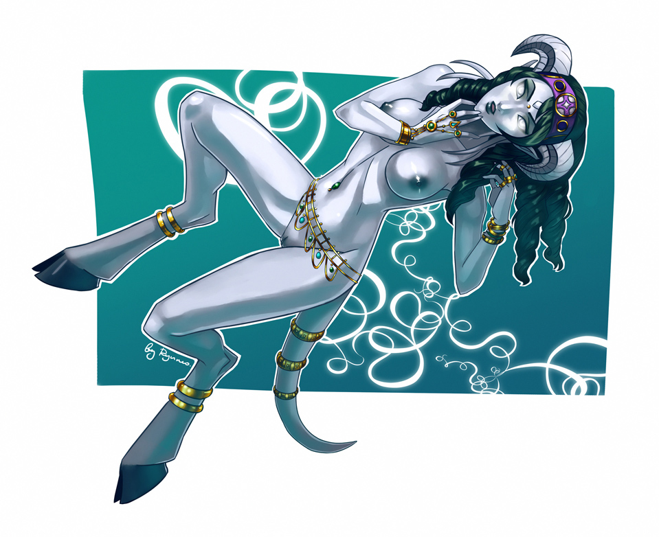 neryumo, draenei, warcraft, black hair, breasts, female, hair, hooves, horn, jewelry, looking at viewer, nipples, nude, pussy, solo, video games, white eyes, 