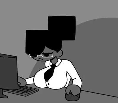 accidental_exposure animated big_breasts black_hair bra breasts button_down_shirt button_pop cleavage desk doodleslewd female glasses grey_background grey_body lewdydoodls office_lady office_lady_(atastic) shirt_open stretching tie wardrobe_malfunction