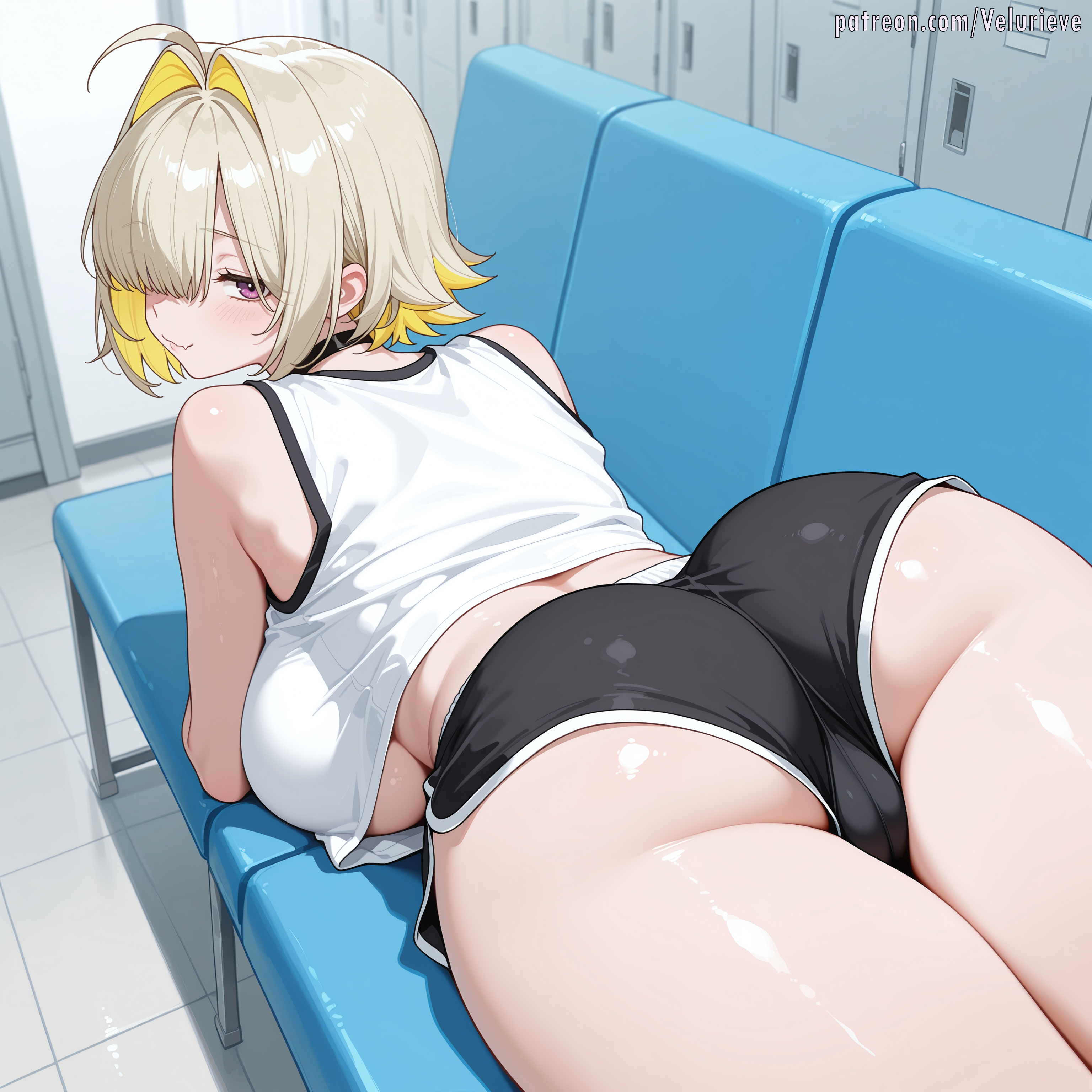 1girl ahoge ai_generated ass backboob bare_shoulders black_choker black_shorts blonde_hair blush breasts cameltoe choker closed_mouth couch dolphin_shorts elegg_(nikke) female from_behind goddess_of_victory:_nikke hair_intakes hair_over_one_eye hi_res indoors large_breasts locker locker_room looking_at_viewer looking_back lying multicolored_hair on_couch on_stomach patreon patreon_username purple_eyes short_hair short_shorts shorts smile solo thighs tile_floor tiles underboob velurieve