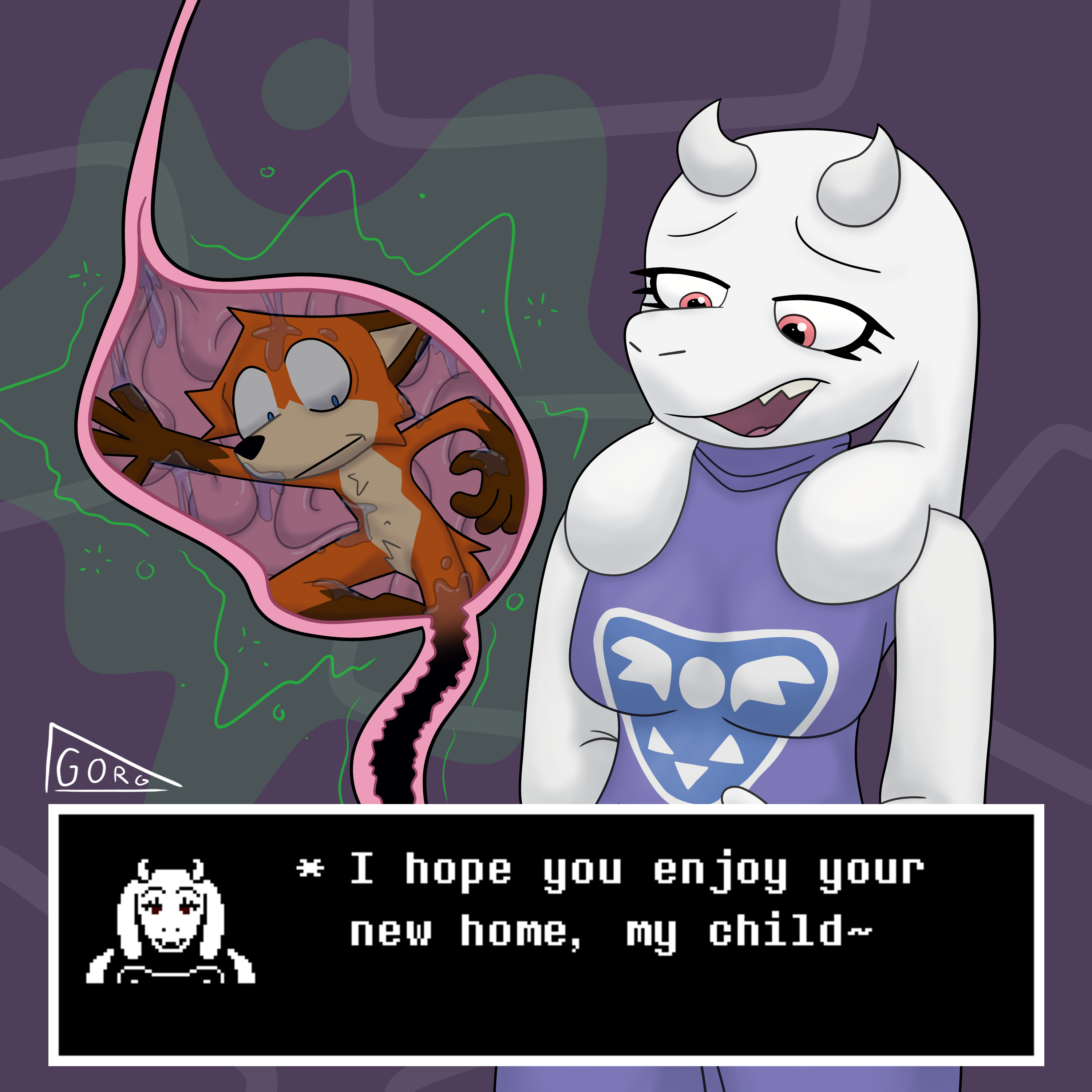 absurd_res anthro bovid canid canine caprine duo female fox goat gorg_(voregonzola) guts hi_res internal intestines male male/female mammal monster organs stomach toriel undertale undertale_(series) vore voregonzola
