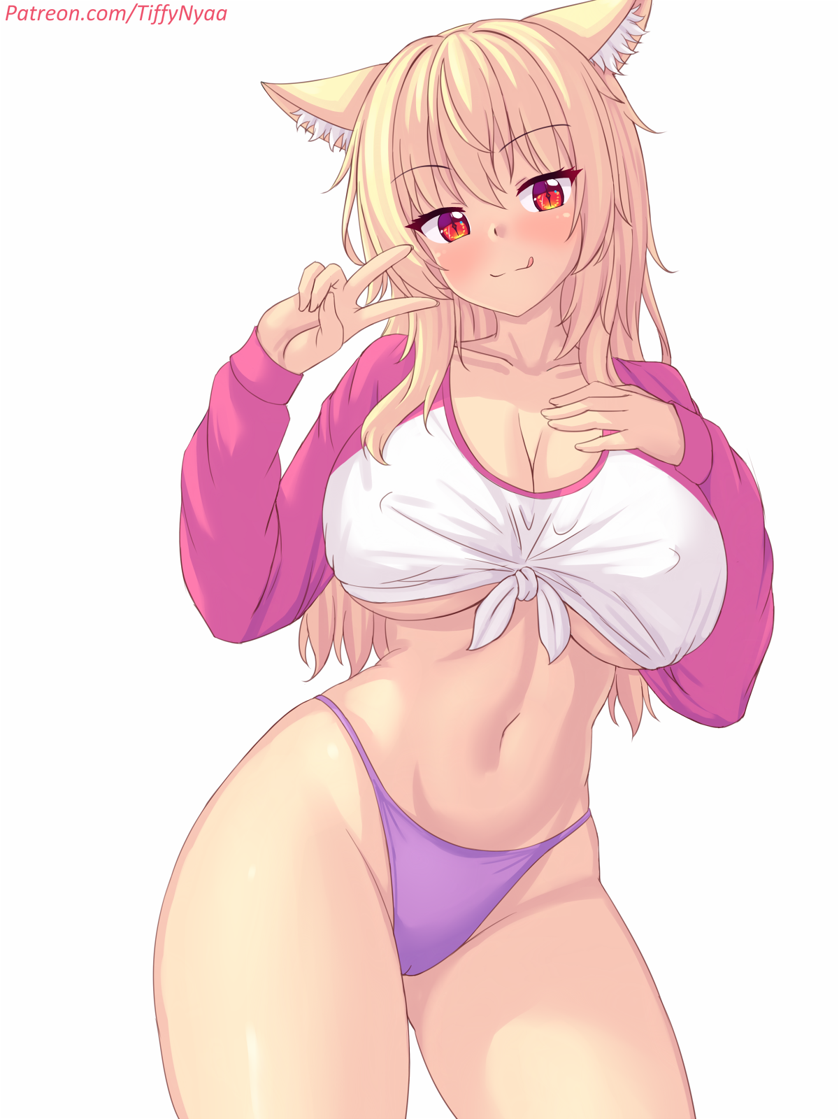 1girls big_boobs big_breasts big_tits blonde_hair blush boobs breasts cat_ears cat_girl catgirl female female_only large_breasts light-skinned_female light_skin long_hair neko nipples_visible_through_clothing panties pantsu patreon patreon_username purple_thong red_eyes solo solo_female thick_thighs thong tiffy tiffynyaa tits v_sign violet_thong voluptuous_female wide_hips
