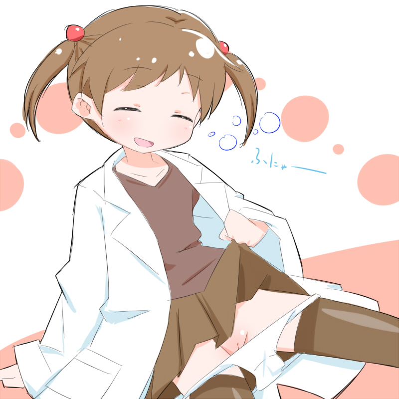 cello (20000), character request, copyright request, tagme, :d, blush, brown hair, closed eyes, female, hair bobbles, hair ornament, open mouth, pussy, short hair, short twintails, sitting, smile, solo, twintails, uncensored, 