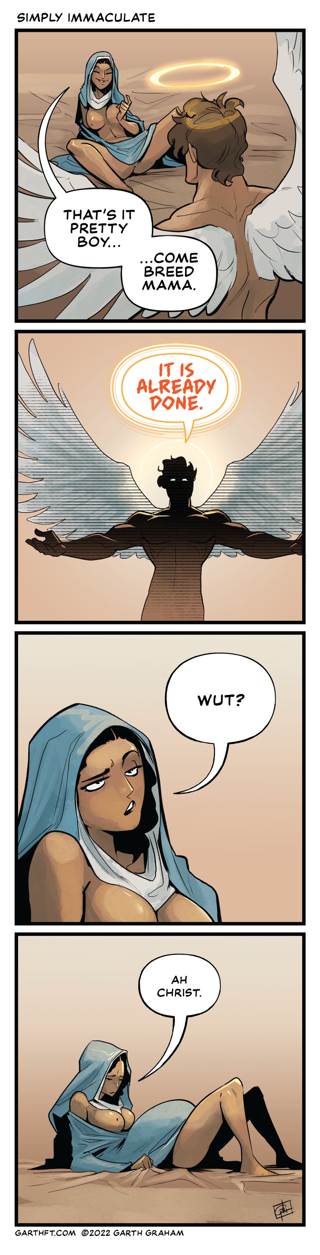 garthft, virgin mary, bible, comic, english text, 4koma, angel, asking for it, breasts, breasts out, catholic, dark-skinned female, dark skin, garth graham, humor, immaculate conception, large breasts, no panties, pregnant, spread legs, 