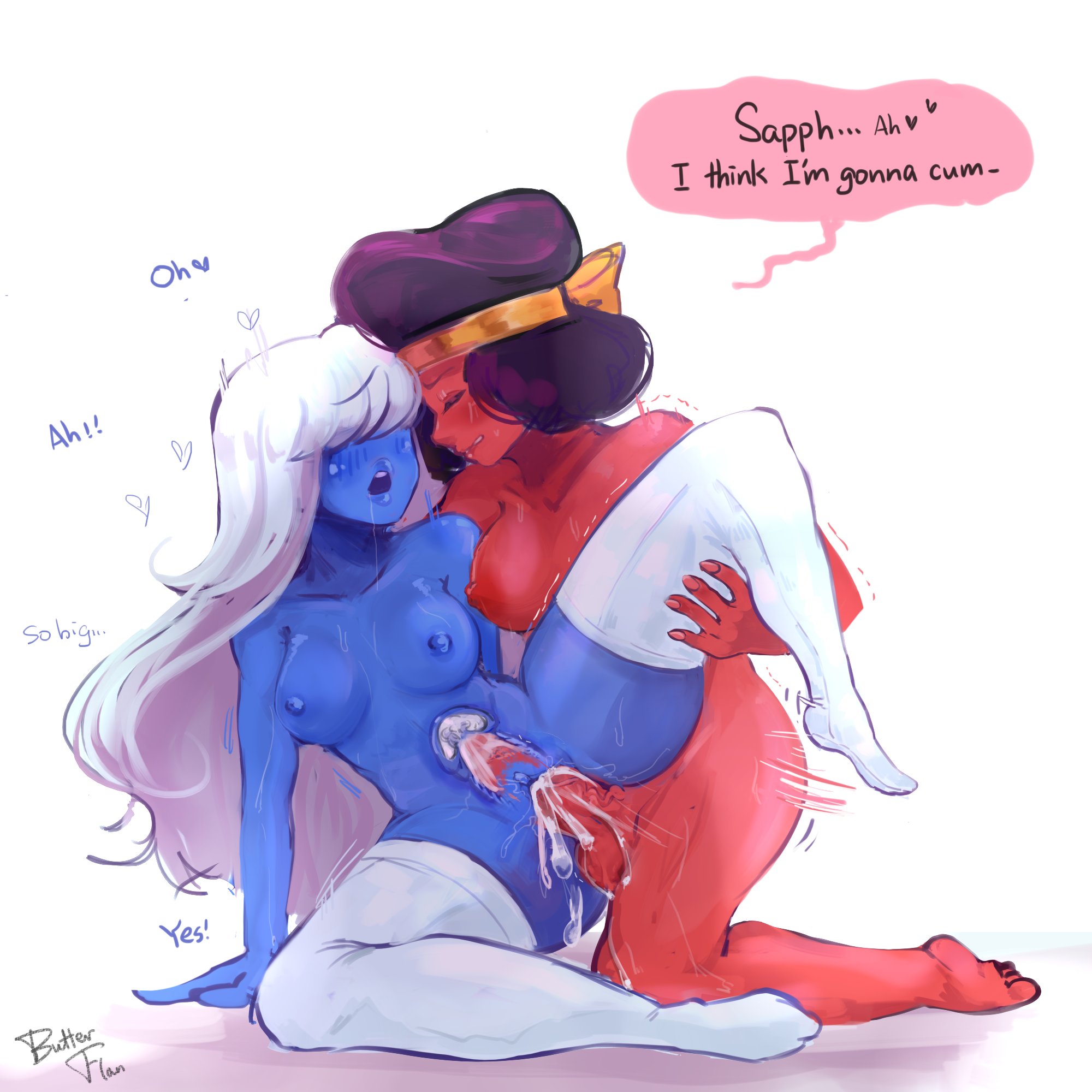 ruby (steven universe), sapphire (steven universe), steven universe, 2girls, alien girl, blush, butterflan01, cum in pussy, cum inside, futa on female, humanoid, penetration, stockings, wholesome, yuri, 