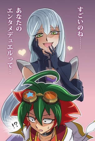 grace tyler, yuya sakaki, yu-gi-oh!, yu-gi-oh! arc-v, gloves, green eyes, silver hair, tongue out, 