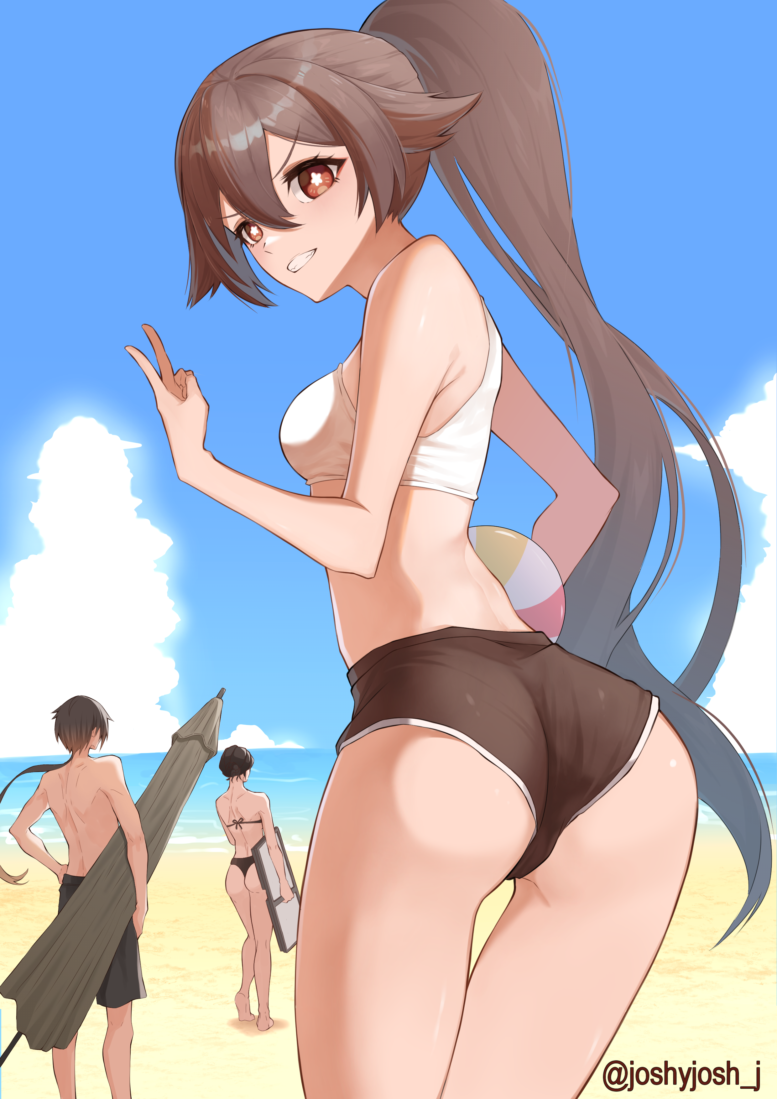 absurdres, highres, ass, ass focus, ass visible through thighs, ball, beach, beachball, blue sky, breasts, female, genshin impact, hu tao (genshin impact), joshyjoshj, looking at viewer, non-web source, ponytail, shorts, sky, smile, thigh gap, thighs, v, zhongli (genshin impact), 