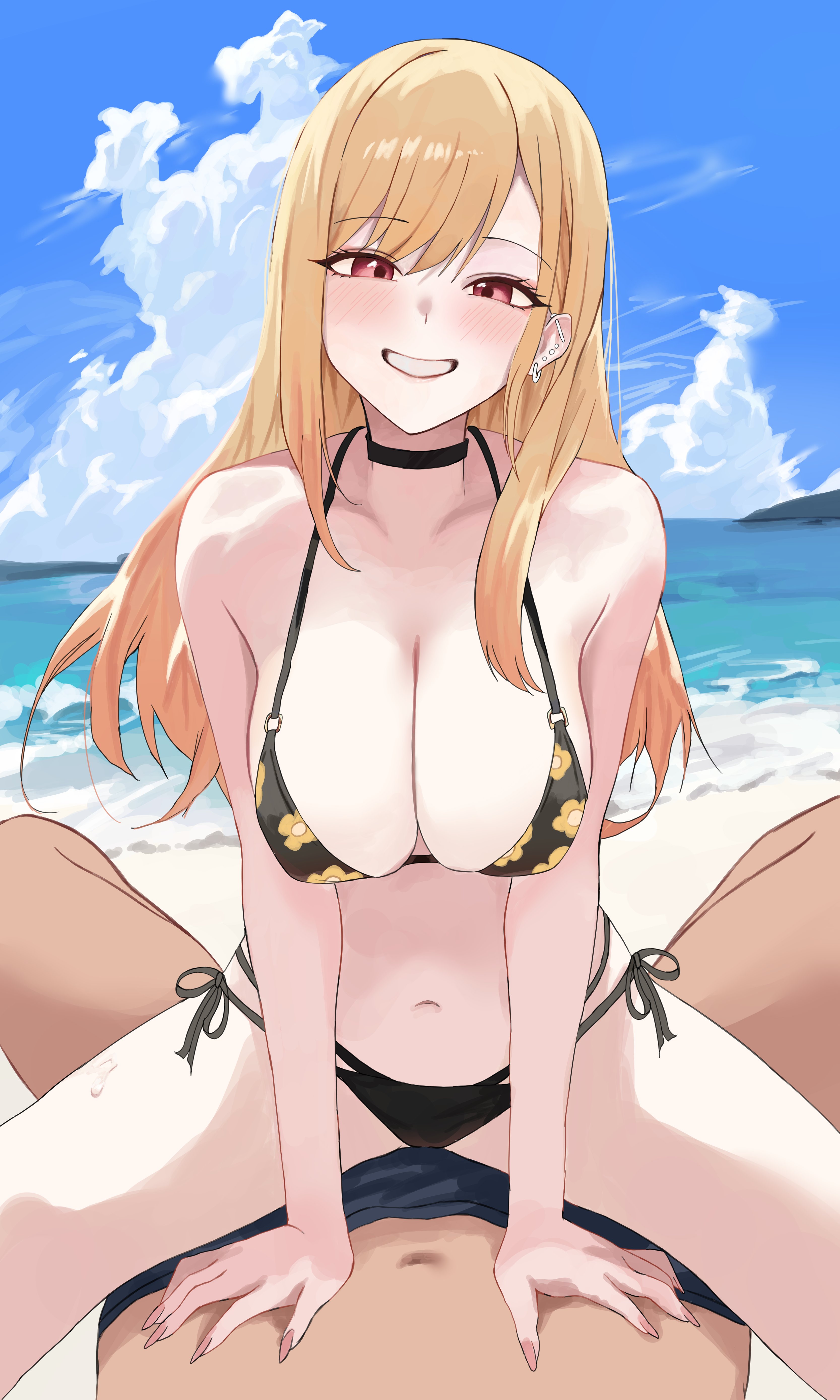 1boy 1girls anon beach belly belly_button bigger_male bikini_bottom bikini_top blonde_hair blush choker cleavage cloud ear_piercing earrings female female_focus gyaru hand_on_belly highres kitagawa_marin long_fingernails long_hair looking_at_viewer male pov seaside side-tie_bikini sitting_on_lap sky smiling sono_bisque_doll_wa_koi_wo_suru sweat swimming_trunks swimsuit tagme_(artist) teeth_showing thighs unknown_artist unseen_male_face water