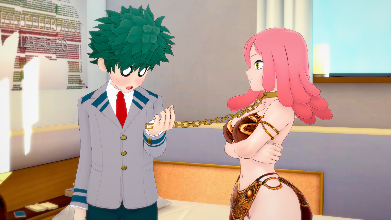 1girls 3d 3d_model 3d_render bare_arms bare_legs bare_midriff bare_shoulders bare_thighs bedroom bedroom_background bedroom_setting belly_button bikini bikini_top blush blushing_face books bra bracelet breasts brown_bikini brown_bikini_top brown_bra chain_leash chained_collar chained_up chains collar crosshair_pupils crossover crossover_cosplay curtains curtains_open eyelashes face_freckles female freckles freckles_on_face gold_(metal) gold_bracelets gold_buttons gold_collar gold_jewelry golden_bracelets golden_collar green-haired_male green_hair grey_jacket izuku_midoriya leash leash_and_collar leash_pull leashed_collar light-skinned_female light_skin loincloth may_the_4th_be_with_you mechanic mechanic_girl medium_breasts mei_hatsume meta2012 midoriya_izuku midriff my_hero_academia navel pink-haired_female pink_hair pussy pussy_peek red_loincloth red_tie short_hair slave slave_bikini slave_collar slave_girl slave_leia_(cosplay) slave_outfit smile smiley_face smiling_at_partner star_wars straight thick_thighs tomboy white_shirt window yellow_eyes