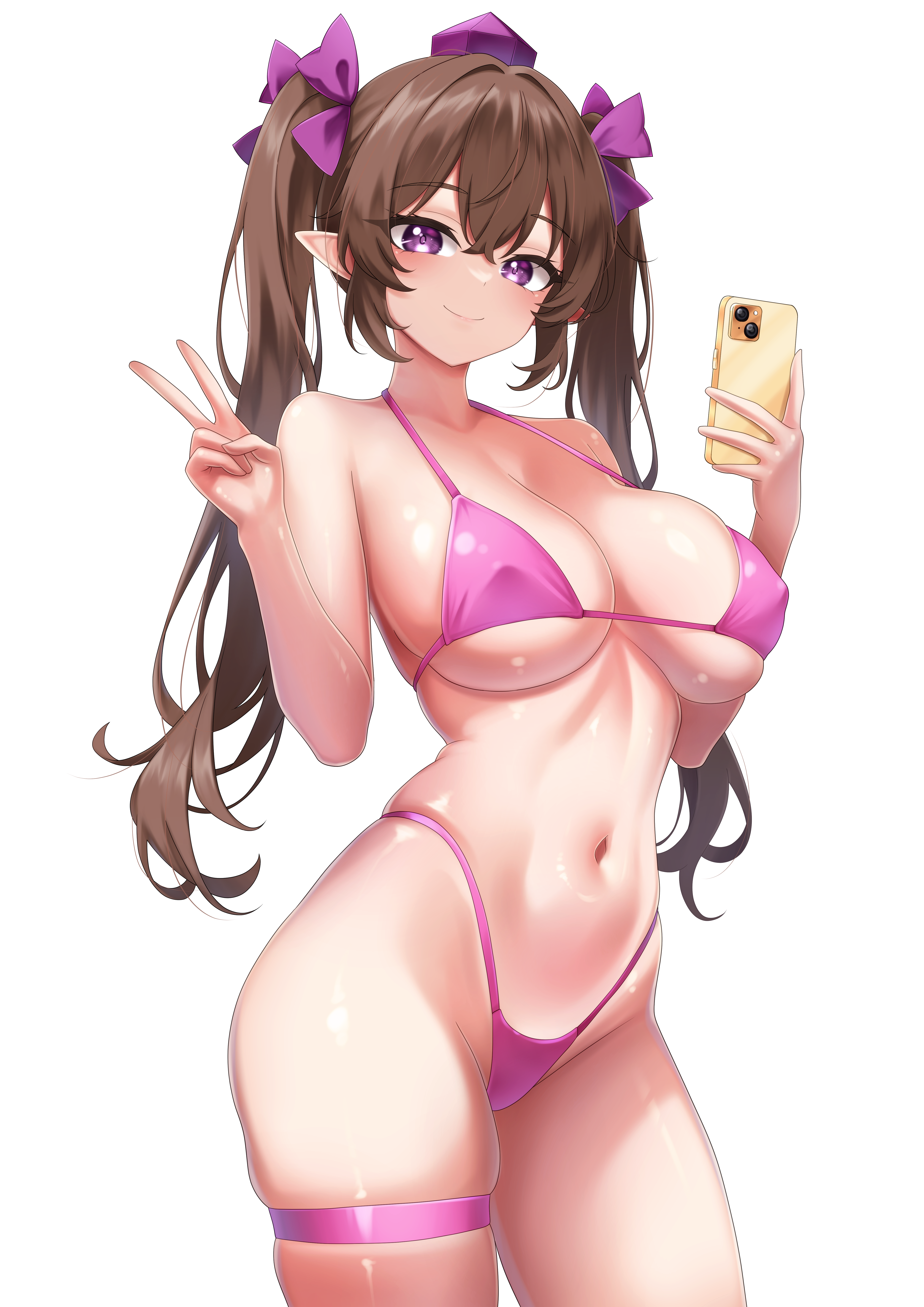 bikini breasts brown_hair female hatate_himekaidou himekaidou_hatate leo23 looking_at_viewer navel peace_sign phone pink_bikini pointy_ears purple_eyes smile touhou twintails white_background