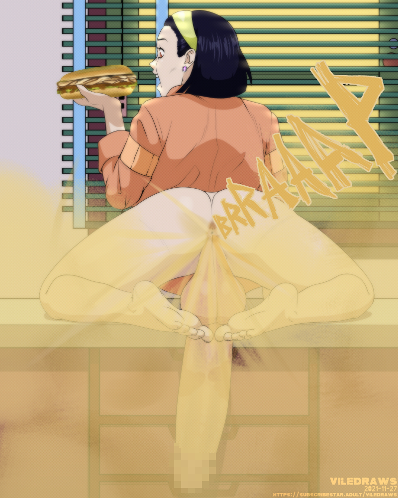 viledraws, higashikata tomoko, diamond is unbreakable, anus, ass, balls, earring, futanari, hairband, huge cock, long penis, mature, mature female, milf, penis, solo, 