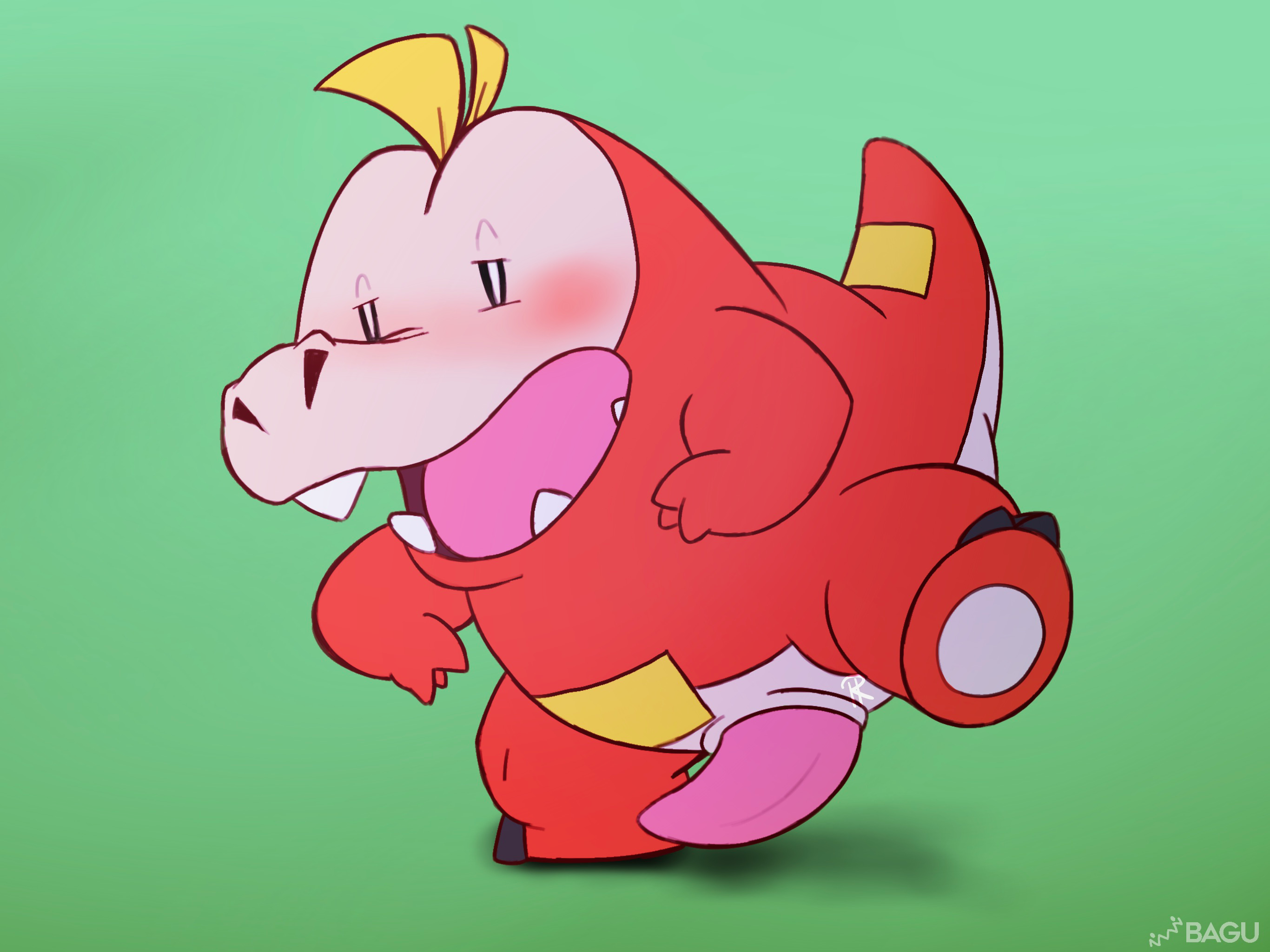 nintendo, hi res, simple background, 2022, animal genitalia, animal penis, blush, crocodilian, erection, fuecoco, genitals, male, on one leg, open mouth, penis, pink penis, pokemon, raised leg, red body, reptile, scalie, sharp teeth, slit, snout, solo, standing, tapering penis, teeth, teeth showing, thick penis, video games, zerrazoid, 