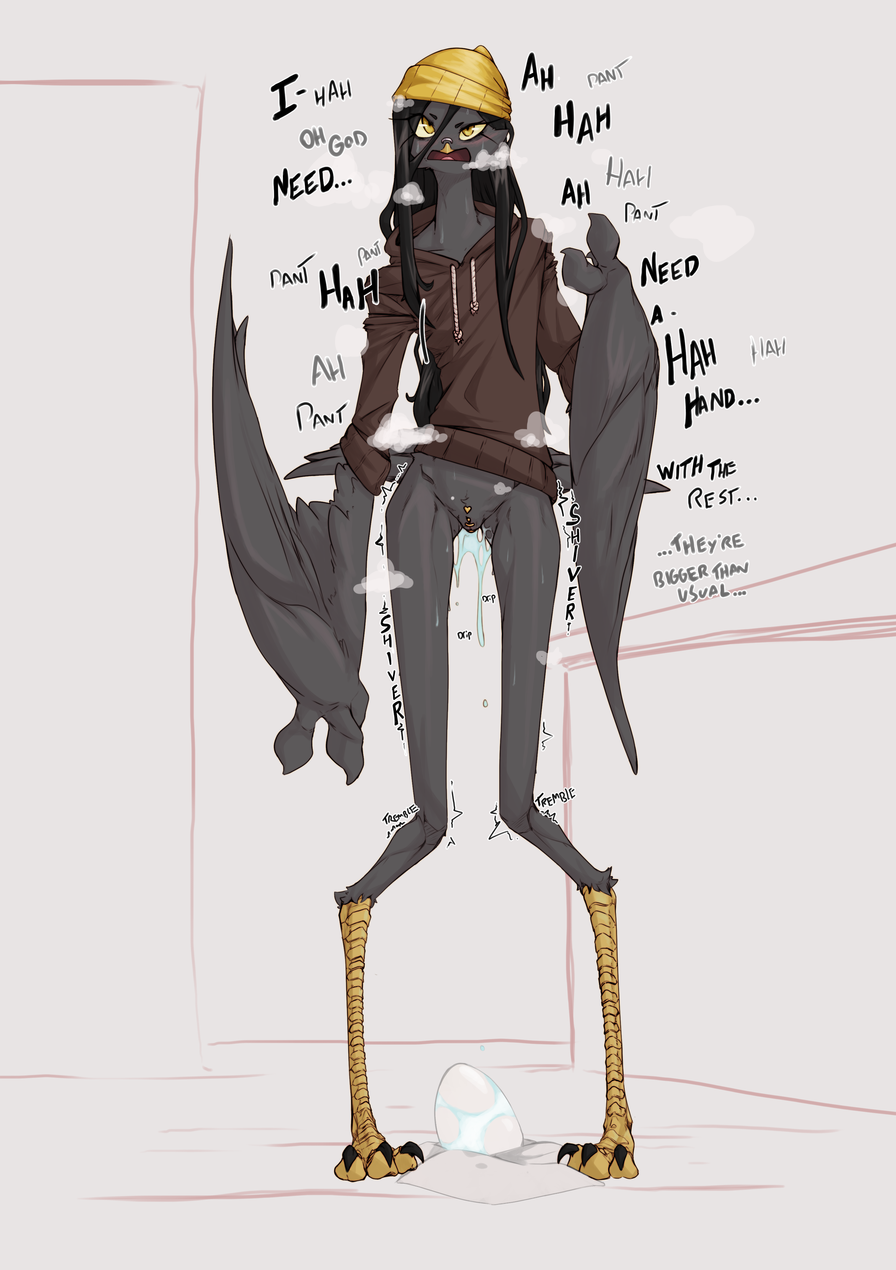passerine, absurd res, english text, hi res, sound effects, text, 3 fingers, 4 toes, anal oviposition, anisodactyl, anthro, avian, beak, beak piercing, beanie, bird, bottomless, breath, chastity device, chastity piercing, clothed, clothing, corvid, corvus (genus), crow, dialogue, dripping, egg, facial piercing, father hill, feathered wings, feathers, feet, fingers, furgonomics, furry-specific piercing, genital piercing, genitals, hair, hat, headgear, headwear, hill (father hill), male, oscine, oviposition, panting, piercing, pregnant, pregnant male, shaking, slit, slit chastity, solo, tail feathers, toes, wings, 