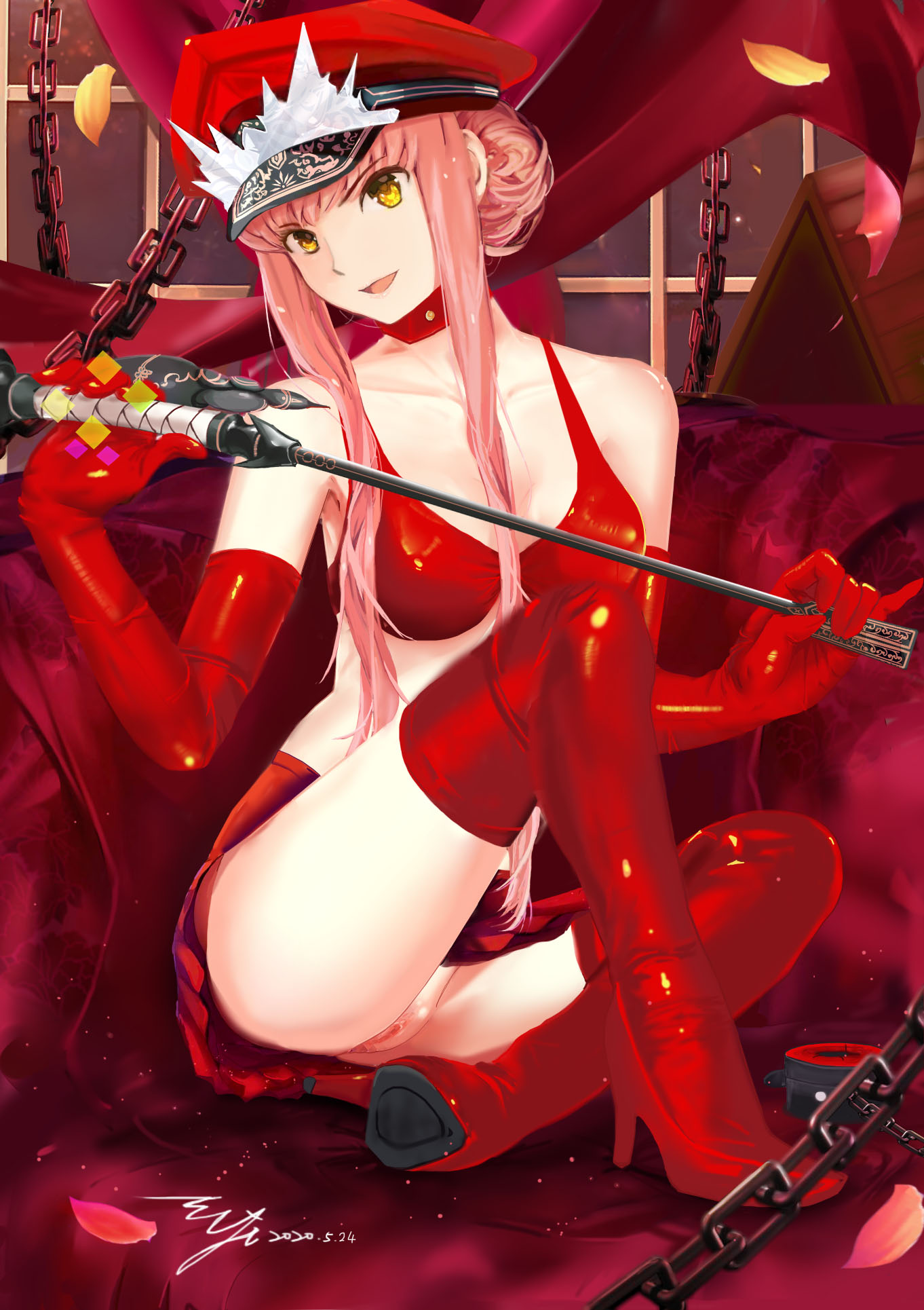medb (fate) (all), medb (fate/grand order), fate/grand order, fate (series), dated, highres, revision, alluring chief warden look, bangs, bare shoulders, boots, bra, breasts, chains, cleavage, collarbone, detached collar, elbow gloves, female, gloves, hair bun, hat, high heel boots, high heels, knee up, long hair, looking at viewer, medium breasts, no panties, peaked cap, petals, pink hair, pussy, red bra, red footwear, red gloves, red headwear, red skirt, riding crop, sidelocks, signature, sitting, skirt, smile, thigh boots, thighhighs, tiara, underwear, yellow eyes, yipaint, 