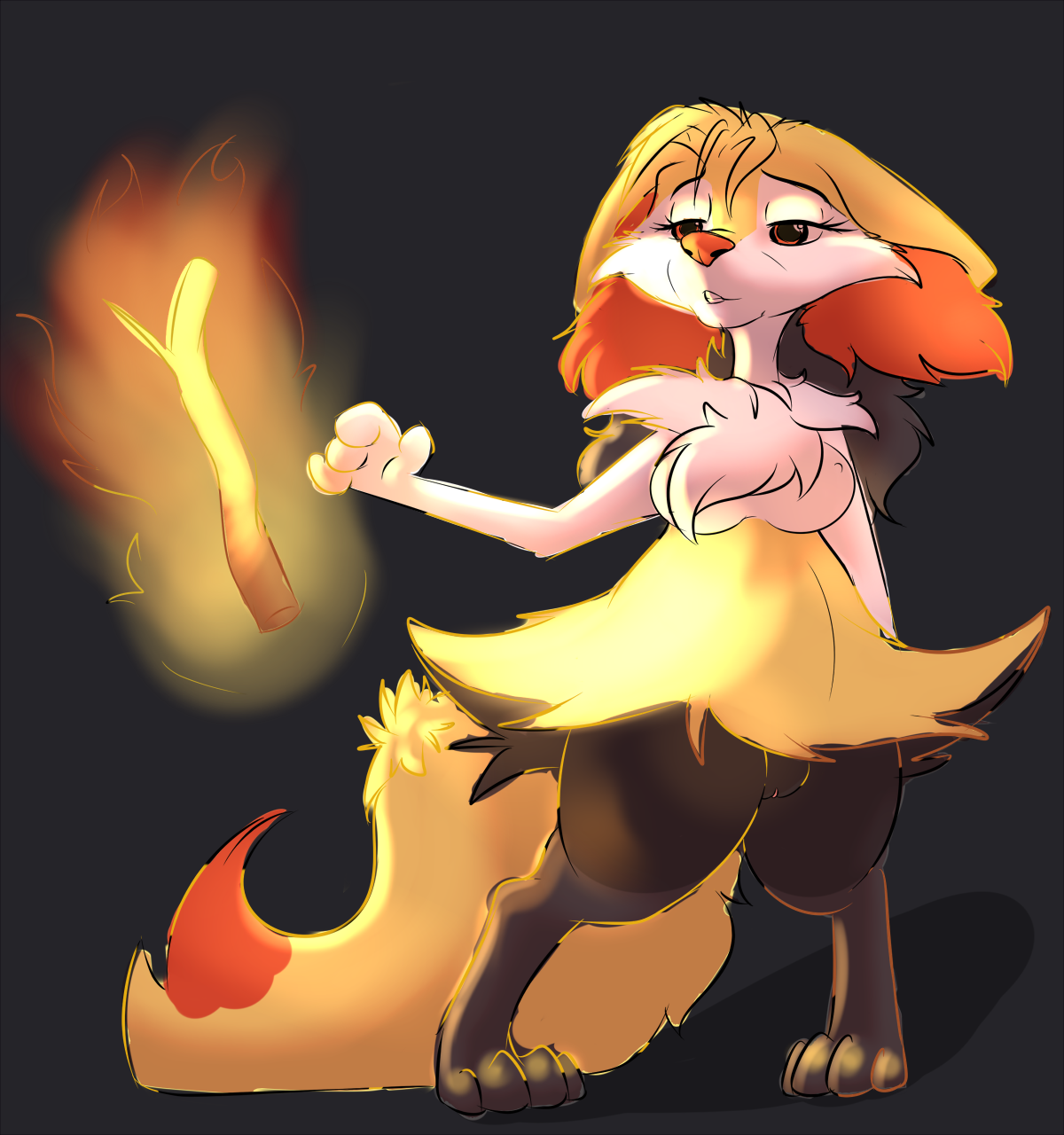 psy101, braixen, nintendo, 2014, 4 toes, anthro, breasts, canine, digitigrade, female, fennec, fire, fox, fur, furry, hair, long hair, nipples, nude, plain background, pokemon, pussy, red eyes, solo, standing, stick, video games, white fur, wood, yellow fur, 