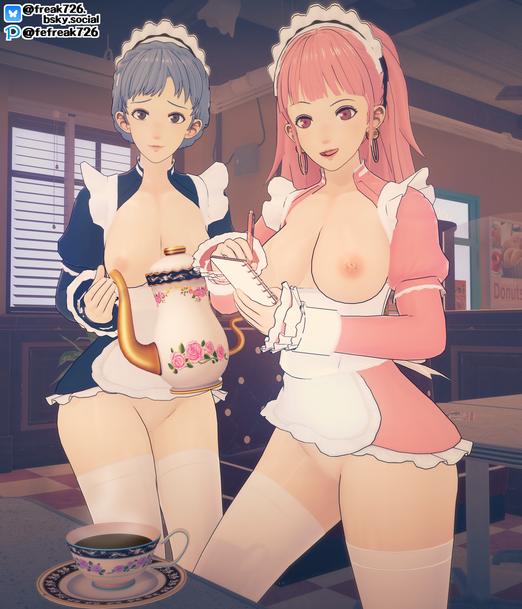 2girls 3d bangs black_eyes blue_hair braid breasts breasts_out cafe earrings fefreak726 female female_only fire_emblem fire_emblem:_three_houses hilda_valentine_goneril holding holding_pen indoors light_blue_hair long_hair long_sleeves looking_at_viewer maid maid_headdress marianne_von_edmund medium_breasts multiple_females multiple_girls nintendo nipples no_panties notebook nude nude_female open_mouth pen pink_eyes pink_hair ponytail pussy raised_eyebrow revealing_clothes smile steam table tea teacup teapot thighhighs upskirt waitress window