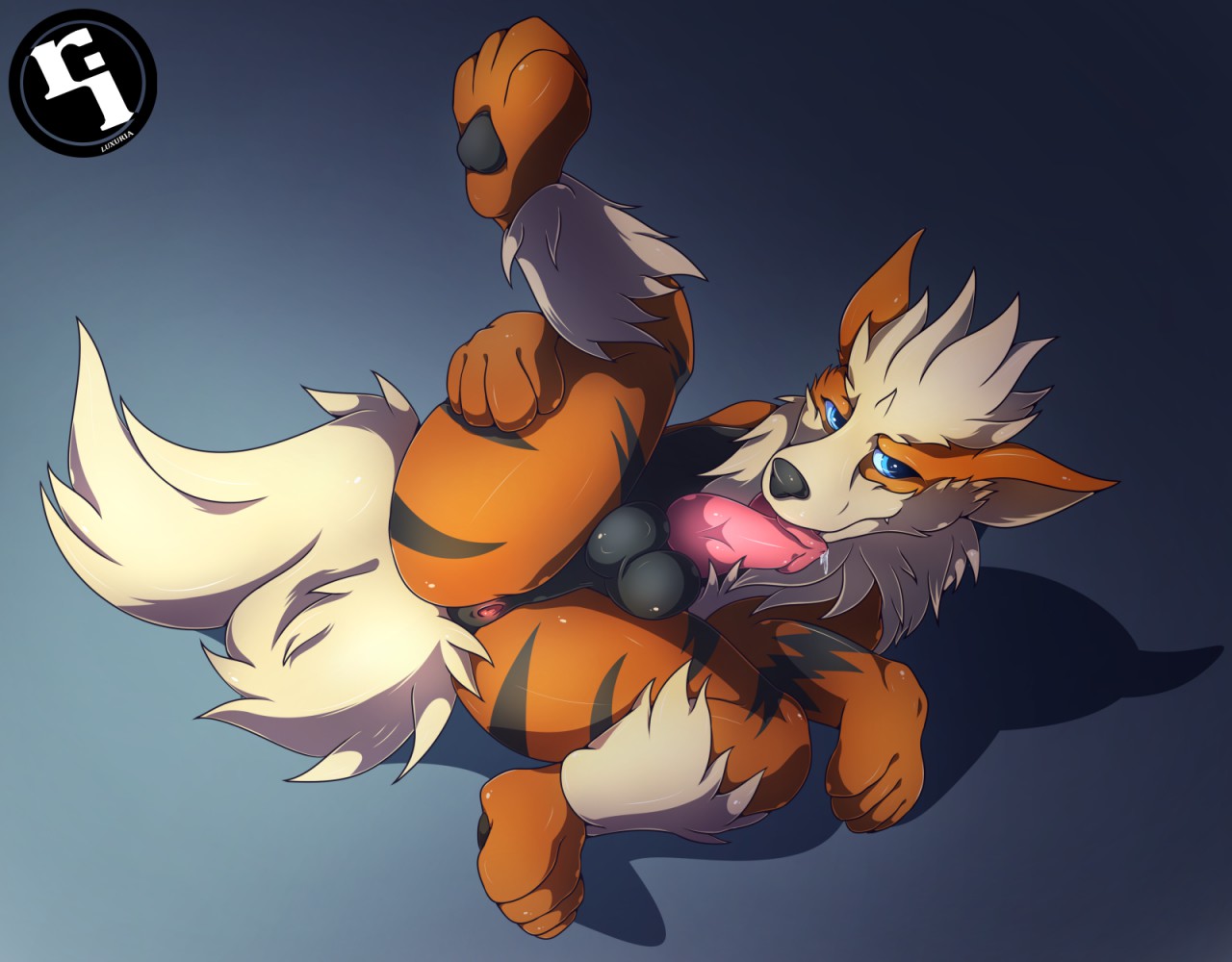 luxuria, arcanine, nintendo, blue background, text, watermark, 1boy, anus, ass, autofellatio, barefoot, big tail, black fur, blue eyes, canine, canine penis, cum, cum on penis, erection, feet, feral, fur, furry, half-closed eyes, knot, legs up, licking, looking at viewer, lying, male, male only, mammal, masturbation, nude, on back, on floor, oral, orange fur, orgasm, pawpads, paws, penis, pokemon, presenting, presenting anus, presenting hindquarters, raised leg, shadow, smile, solo, spread legs, spreading, stripes, tail, testicles, thick thighs, tongue, tongue out, upside down, video games, white fur, wide hips, 