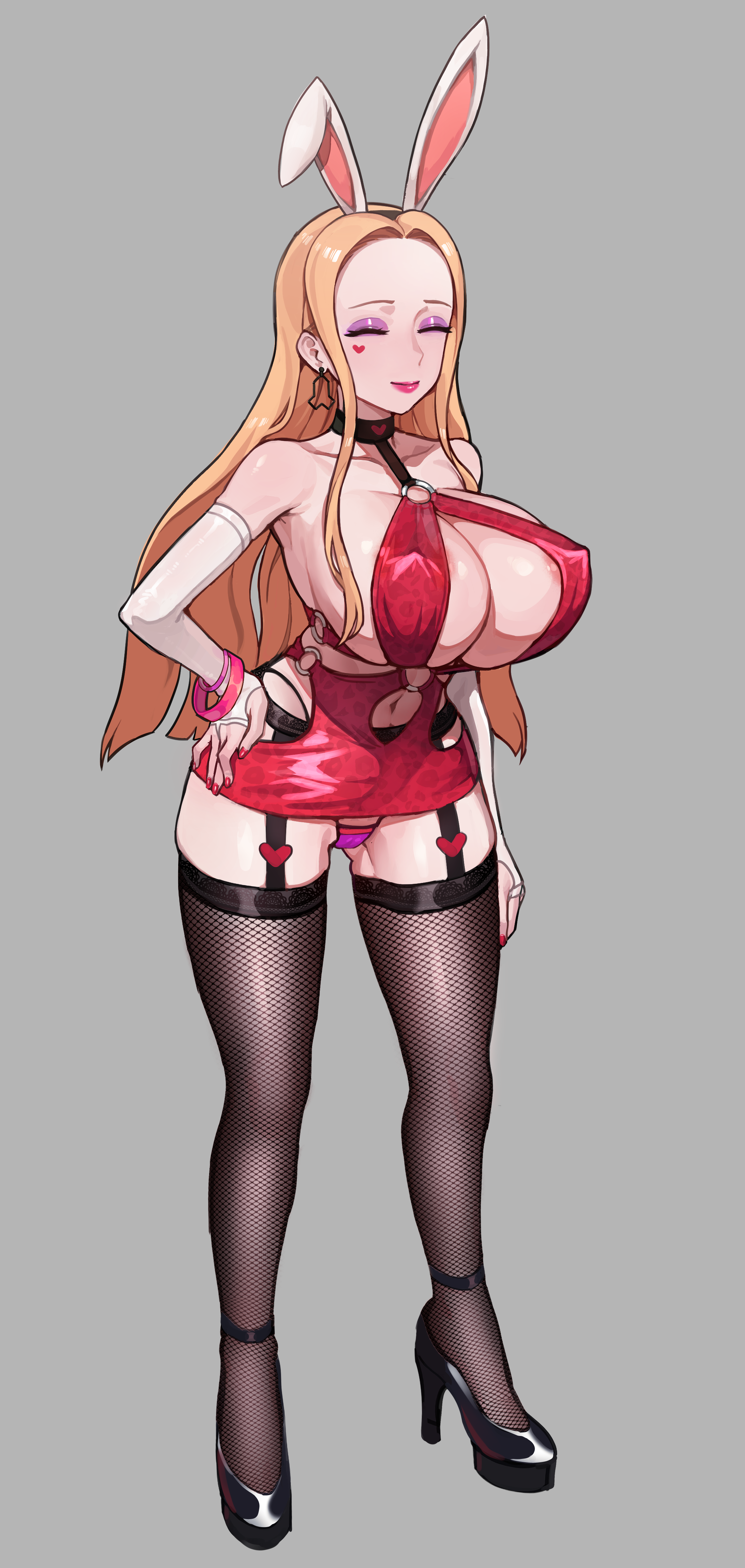 oleana (pokemon), nintendo, pokemon ss, grey background, 1girls, 5t (artist), big breasts, bimbo, breasts, bunny ears, cameltoe, choker, closed eyes, dress, earrings, eyeshadow, female, fingerless gloves, fishnet stockings, high heels, huge breasts, lipstick, long hair, minidress, nipple bulge, pokemon, prostitute, red nails, revealing clothes, smile, solo, standing, thick thighs, thighhighs, thong, wide hips, 