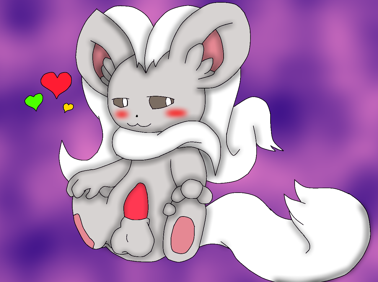 cinccino, color, tagme, blush, feral, front view, fur, grey fur, male, male only, penis, pokemon, sitting, solo, testicles, 