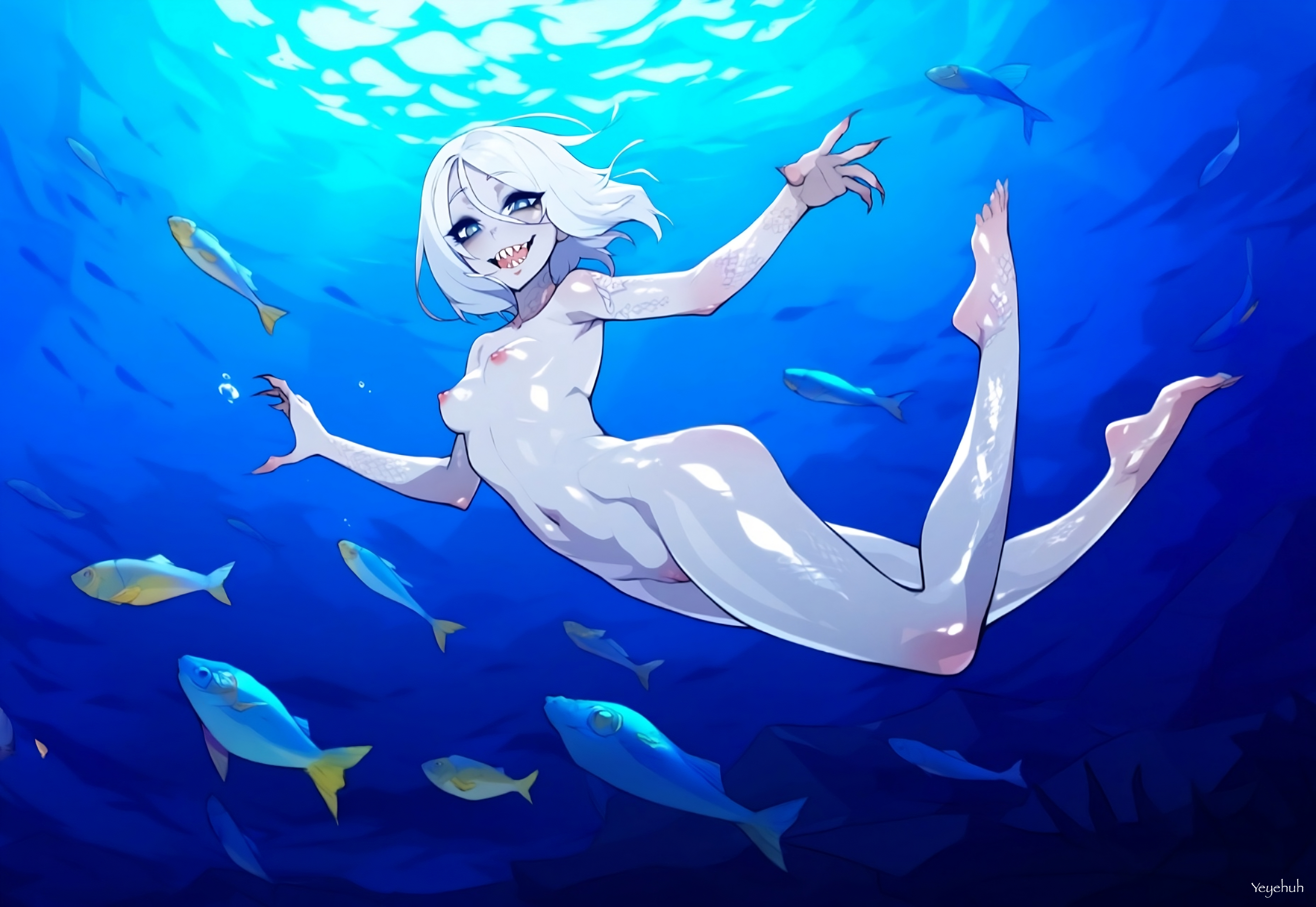original character, original, 1girls, ai generated, feet, feet up, legs, legs up, monster, monster girl, naked, naked female, pussy, small breasts, swimming, thighs, yeyehuh, 