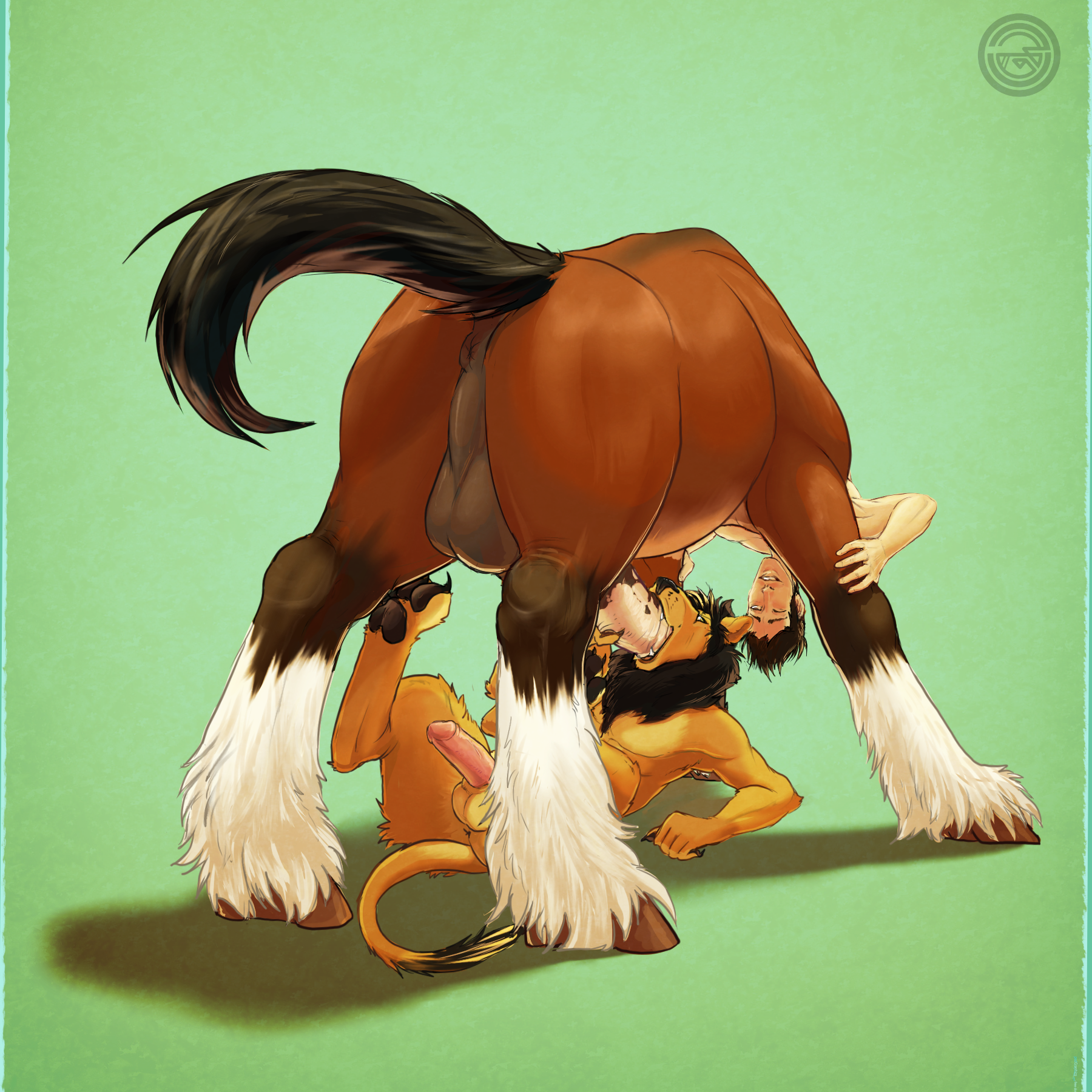 kartfox, animal genitalia, animal penis, balls, centaur, ctrl alt spiff, ctrl alt yiff, equine, equine penis, equine taur, feline, fellatio, gay, hooves, horse, horsecock, human, lion, male, mammal, oral, paradox, penis, sex, taur, yaoi, 