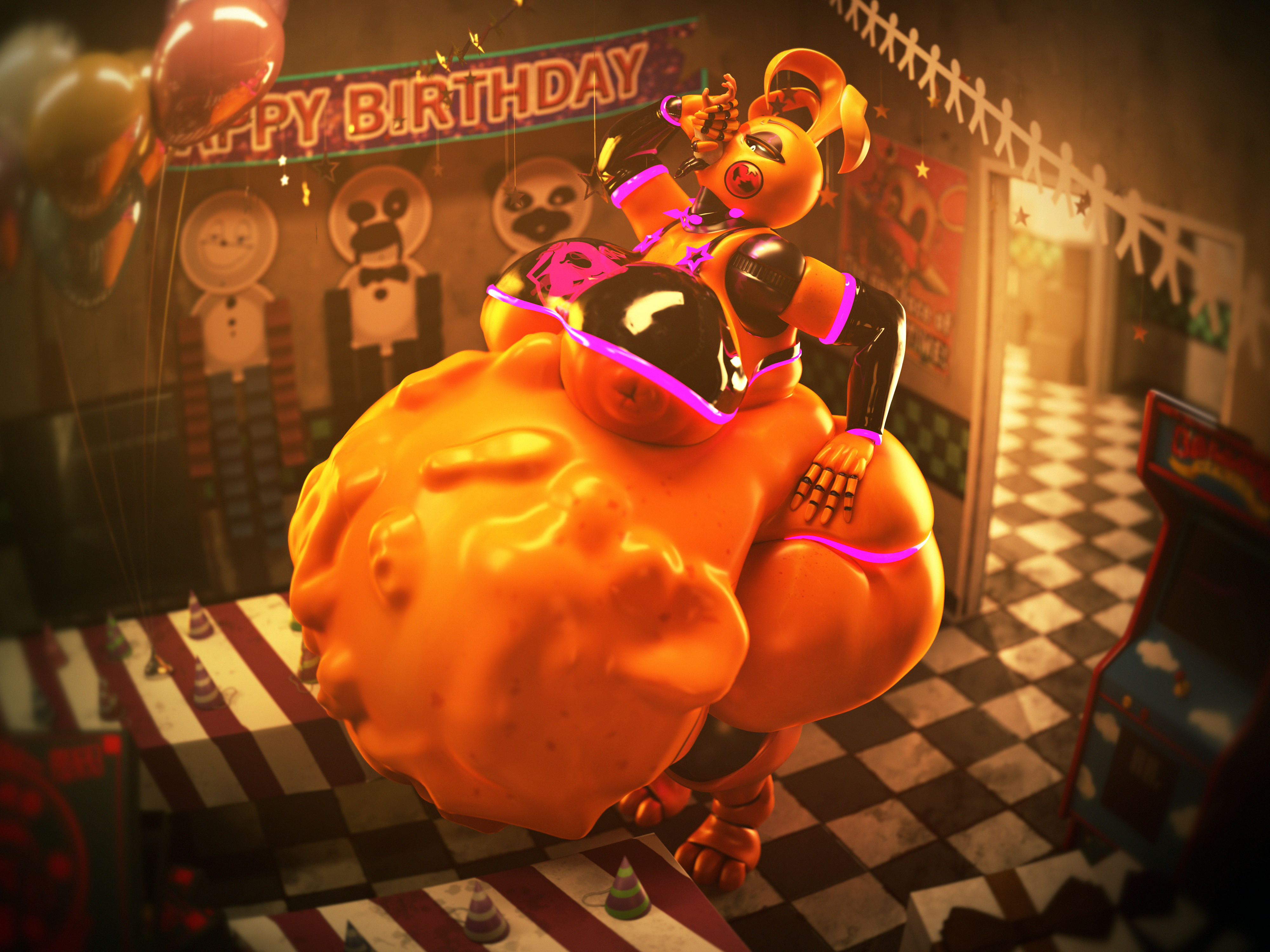 2025 3_toes 3d_(artwork) 4:3 5_fingers absurd_res animatronic arcade_machine armwear avian balloon belly big_belly big_breasts bird birthday_party blender_(artwork) blender_cycles box breasts chicken clothing collar container decoration detached_sleeves detailed_background digital_media_(artwork) feet female fingers five_nights_at_freddy's five_nights_at_freddy's_2 galliform gift_box hand_on_butt hand_on_hip hat headgear headwear hi_res humanoid inflatable latex latex_armwear latex_clothing latex_detached_sleeves latex_shirt latex_tank_top latex_topwear lustful_zen machine makeup neon_glow nipples oral_vore orange_legs orange_nipples party_hat phasianid pink_clothing pink_thong pink_underwear pizza_box pizzeria raised_head robot robot_humanoid robotic_arm robotic_leg robotic_limbs scottgames shirt solo spiked_collar spikes stomach_bulge swallowing tall tall_female tank_top thick_thighs thong toes tongue tongue_out topwear toy_chica_(fnaf) toy_chica_(justminkov) underwear vore wide_hips yellow_body